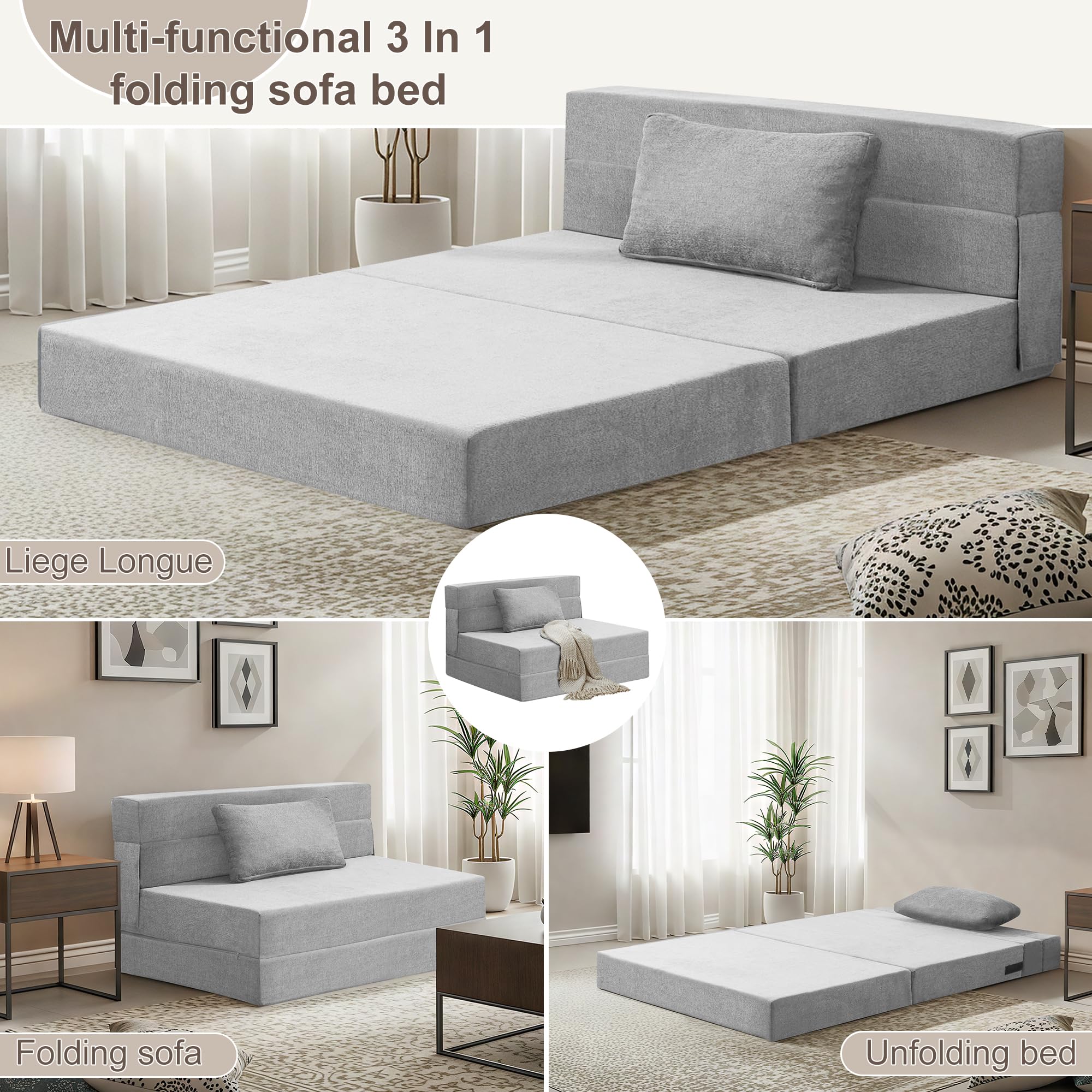 Doppelte Schlafsofa 100 x 203 cm - Faltbare Schlafcouch Gästematratze für 2 - Schlaffunktion, Bettcouch für Wohnzimmer Schlafzimmer mit Memory Schaum & Kissen, Bodensessel Waschbar Set Hellgrau