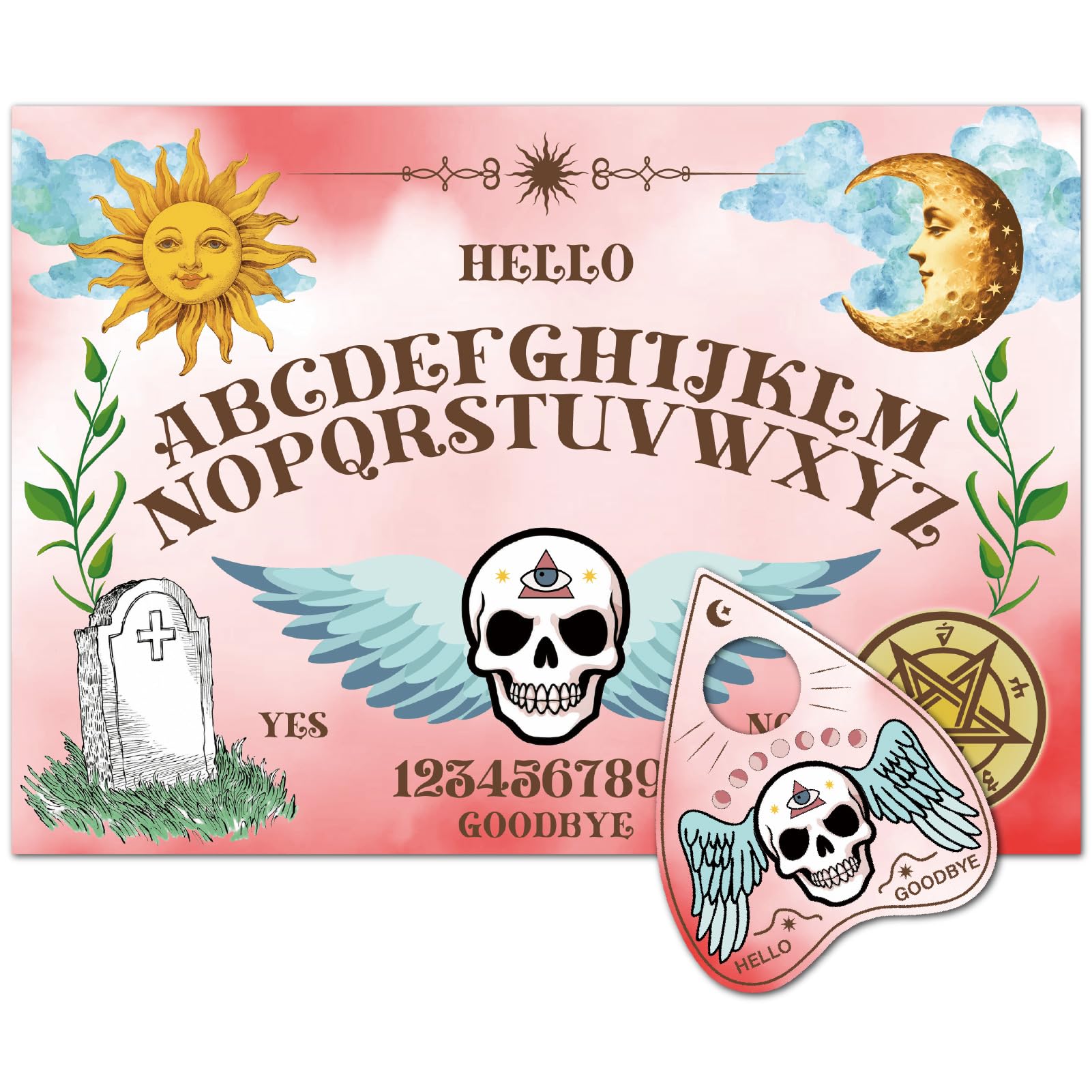 CREATCABIN Wooden Pendulum Board Spirit Boards Pink Skull Wings Sun Moon Cloud Tombstone Dowsing Metaphysical Message Talking Divination Set with Planchette for Ghost Hunting Halloween 11.8 x 8.3 Inch