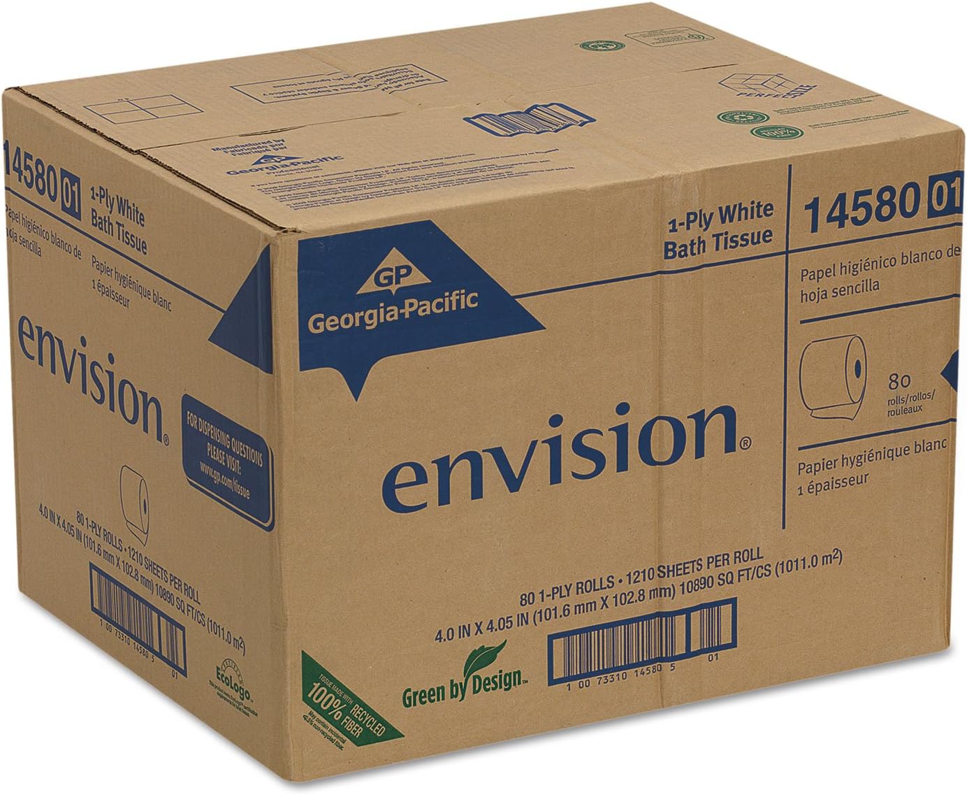 Envision 1458001 Bath Tissue, 1-Ply, 4-Inch x4-Inch, 1210 Shts, 80RL/CT, White