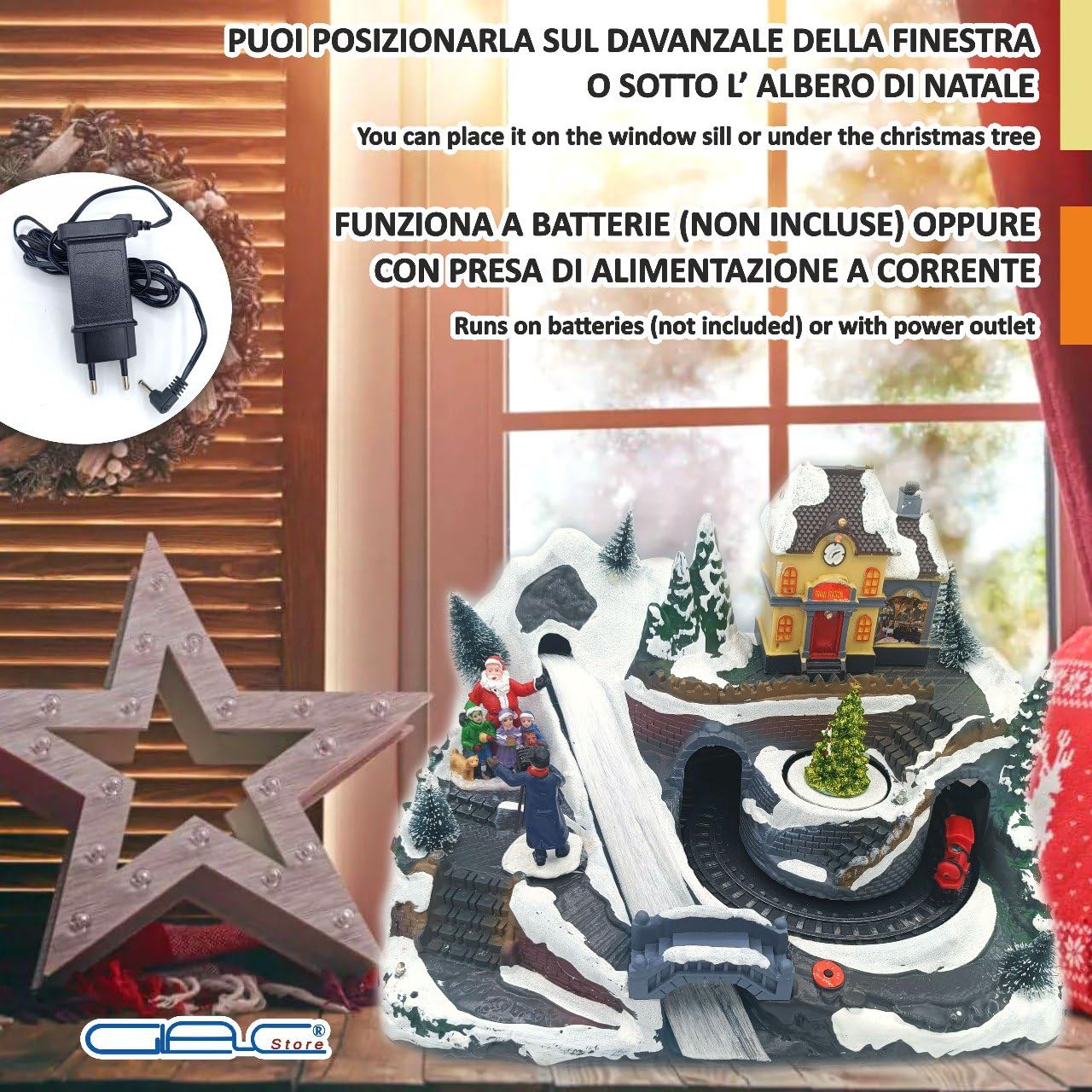 Villaggio di Natale Animato con Stazione Ferroviaria, Luci, Musica e Movimenti, 29,8 cm