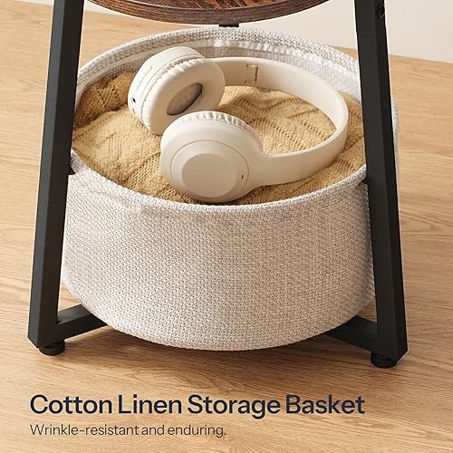 Miniatura 7 de HOOBRO Mesa auxiliar redonda pequeña con estación de carga, mesa auxiliar redonda con cesta de almacenamiento, mesa de noche compacta para sofá para