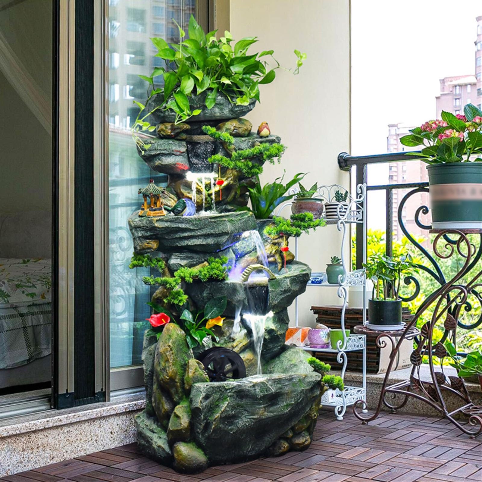Fuente de Suelo de pie para Sala de Estar, Fuente de Agua Grande de pie con decoración de Fuente, Rueda Feng Shui y rocalla for Sala de Estar, Oficina y jardín, Fuente del jardín(Medio)