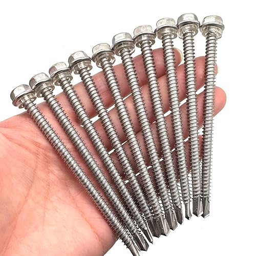 Miniatura 6 de Tornillos autoperforantes de cabeza hexagonal de arandela #14 x4 (1" a 4-78" disponibles), acero inoxidable 410, tornillos Tek de chapa