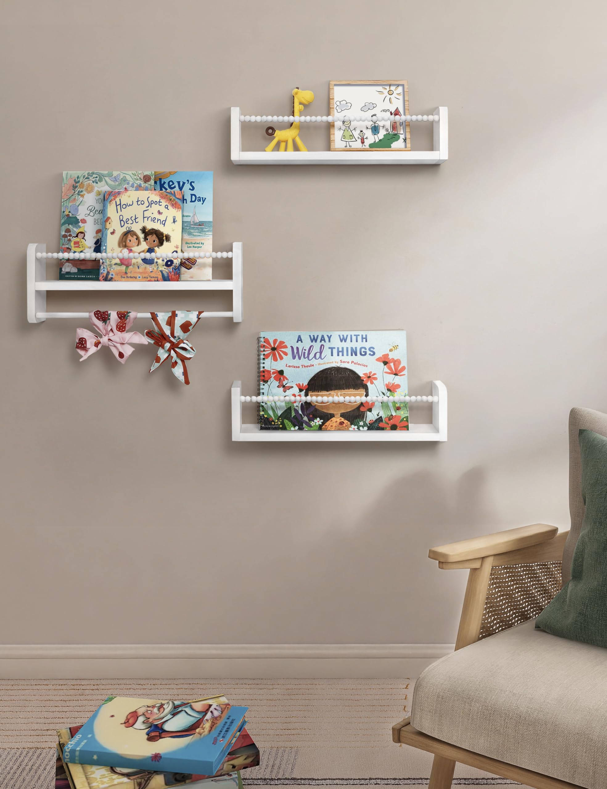 Mazjoaru Set van 3 wandrekken kinderkamer hout natuur wit met