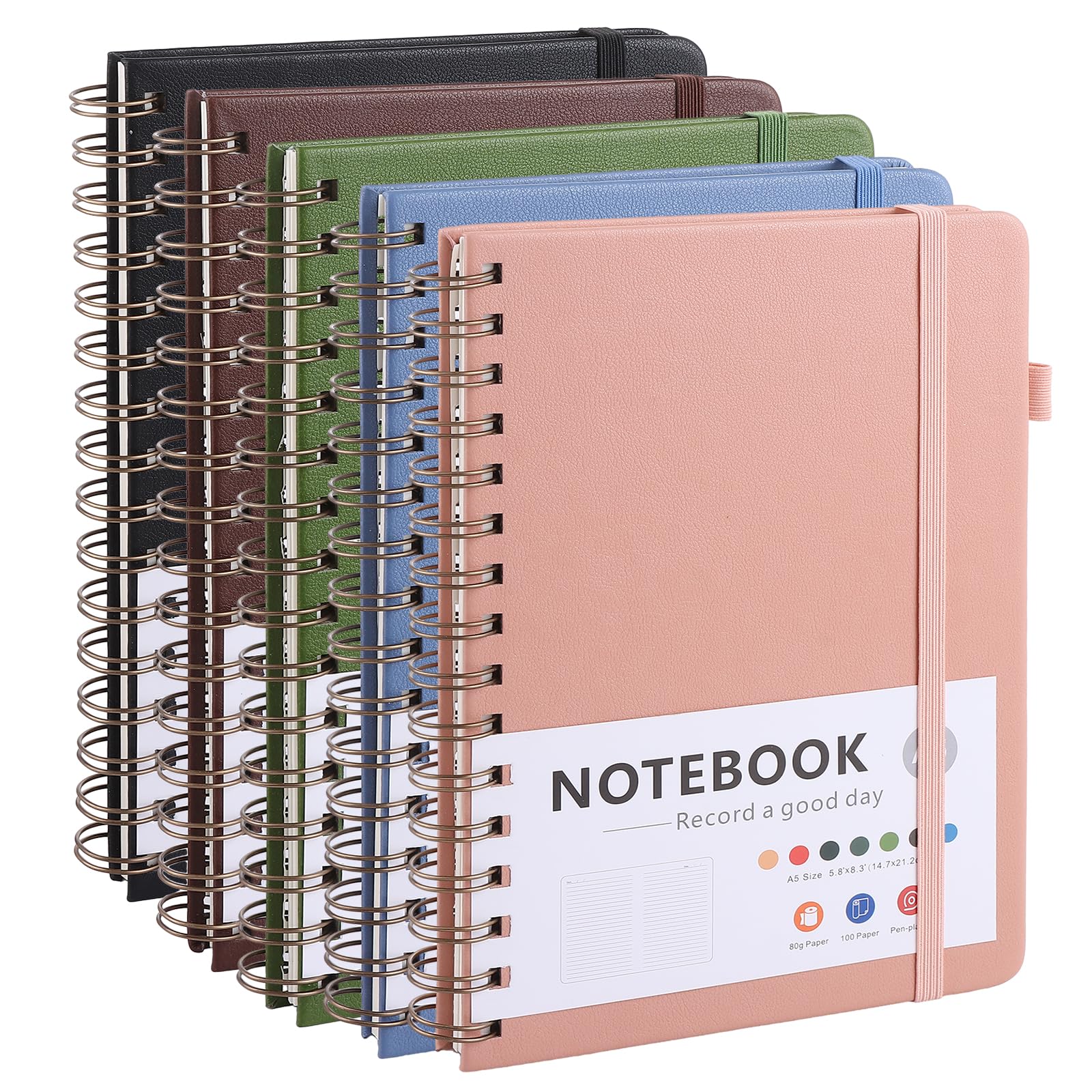 DAJAVE 5 Pcs A5 Notebook Journal, 200 Pages Notepad Spiral Bound A5 Lined Notebook PU Leather Cover Notepad for Business Office School Travel - 5 Colors