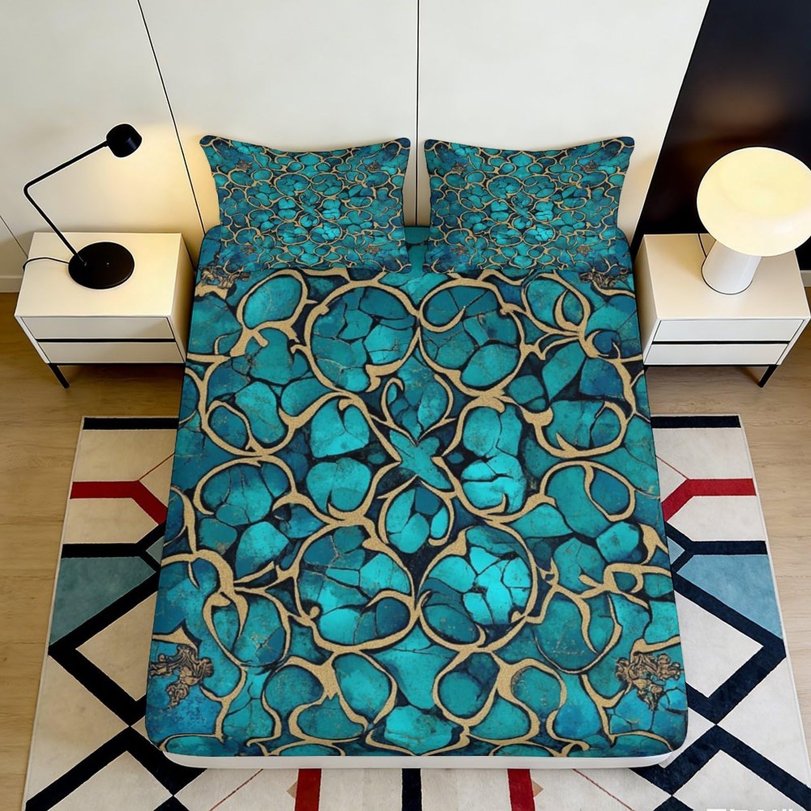 Pnayamiorkfel Style-6 3D Printed Turquoise Mosaic Fitted Sheet Microfiber Anti-Slip Mattress Cover Abstract Pattern For Bedroom Guest Room Decor 90X200x25cm