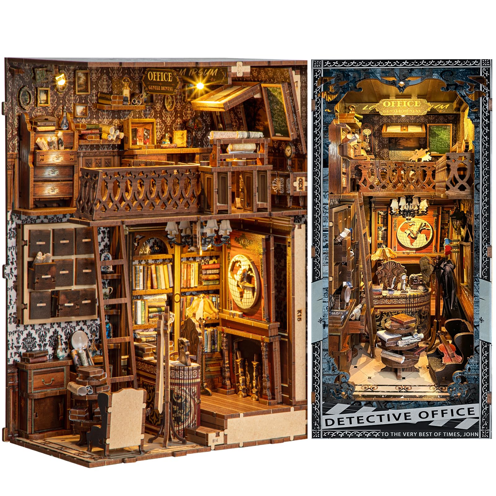 Quanquer Book Nook Kit_ con luce a LED, copertura antipolvere in miniatura, casa delle bambole in miniatura, libreria in legno 3D, puzzle in legno, detective office booknook(detective Office)