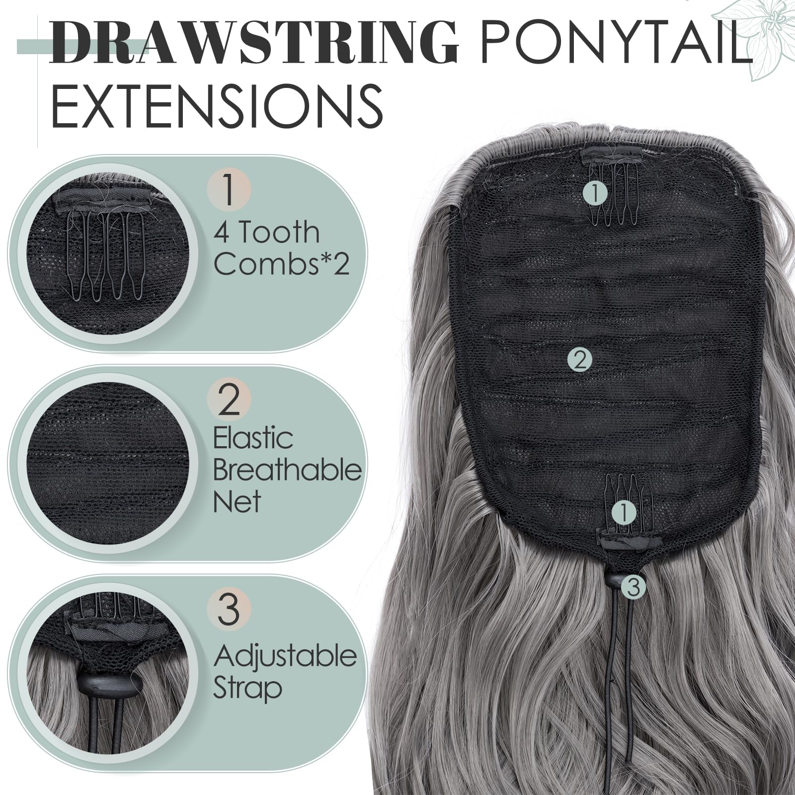 TESS Wavy Ponytail Extension, Drawstring Clip in Ponytail Hair Extensions, Long Hair Extensions, 24 Inches 160g, Grey - Image 4