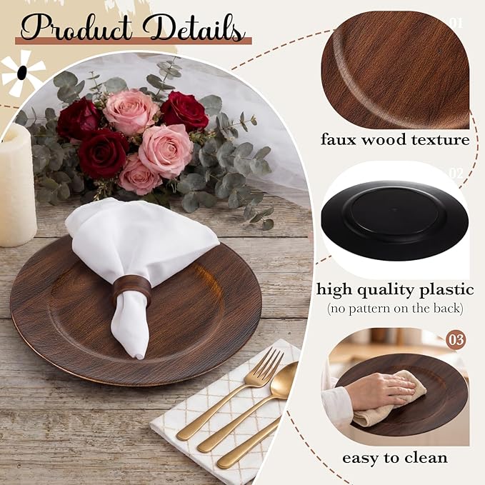 12 Platos Cargadores Redondos Marrón 13" con 12 Anillos Servilleta Madera Rústico miniatura 5