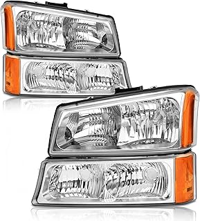 2003 2004 2005 2006 Chevy Silverado Headlights Assembly for 03 04 05 06 Chevy Silverado Avalanche 1500/2500/3500 Chrome Housing Amber Reflector Clear Lens Replacement Driver and Passenger Side