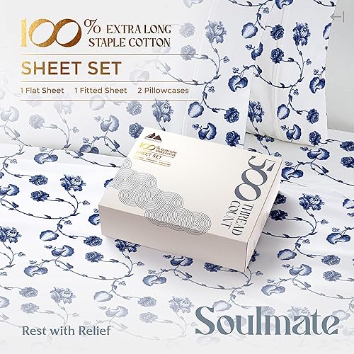 Miniatura 4 de Mayfair Linen Sábanas 100% algodón estampadas, 500 hilos, 4 piezas, estampado floral, azul, para cama tamaño Queen, sábanas de tejido satén de lujo