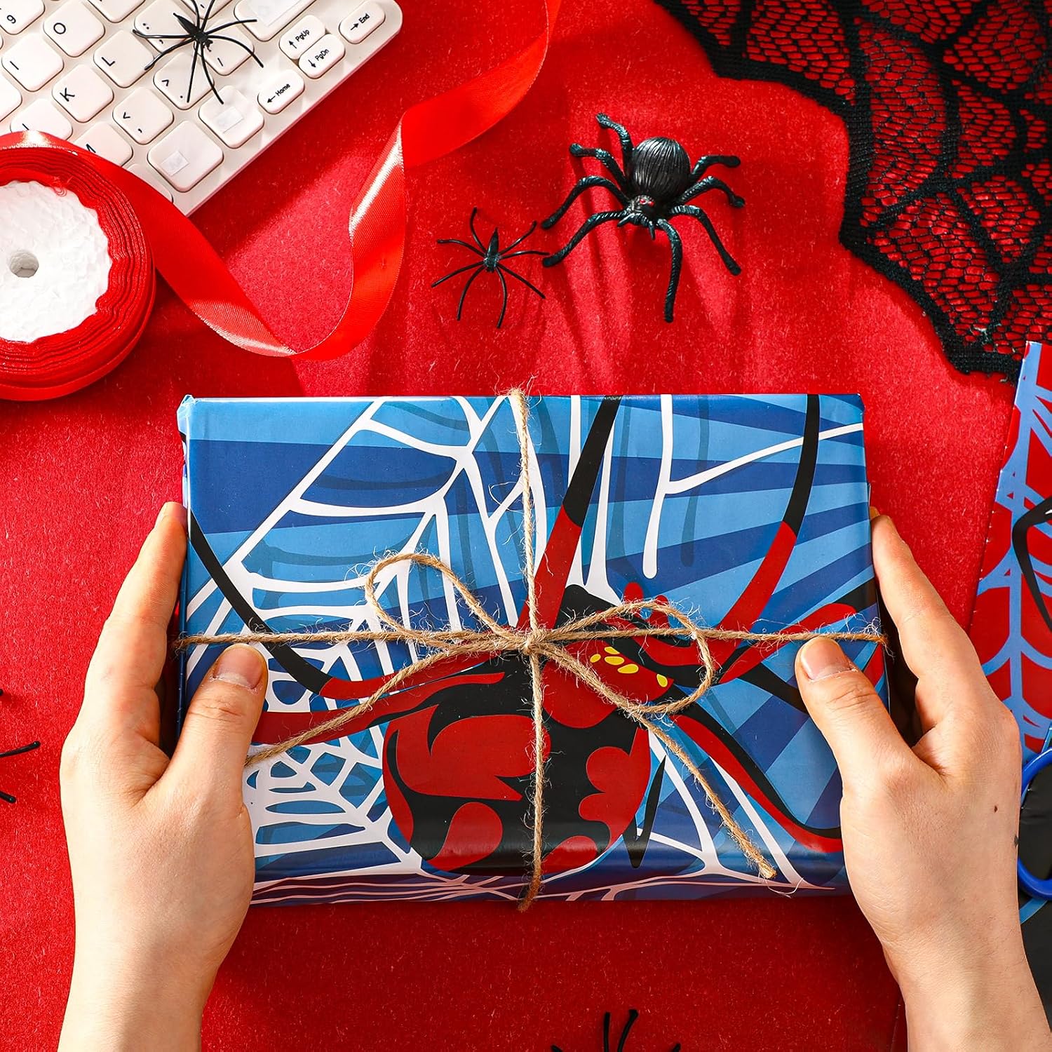 Sinload 12 Sheets Spider Wrapping Paper Spider Webs Gift Wrap Paper Bulk for Graduation Birthday Party Gifts Christmas Halloween Wrapper DIY Craft, 19.7 x 27.6 Inches