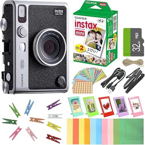 FUJIFILM INSTAX MINI EVO - Cámara instantánea híbrida + película Fuji Instax (20 hojas), paquete de accesorios de 32 GB, 5 marcos de escritorio de