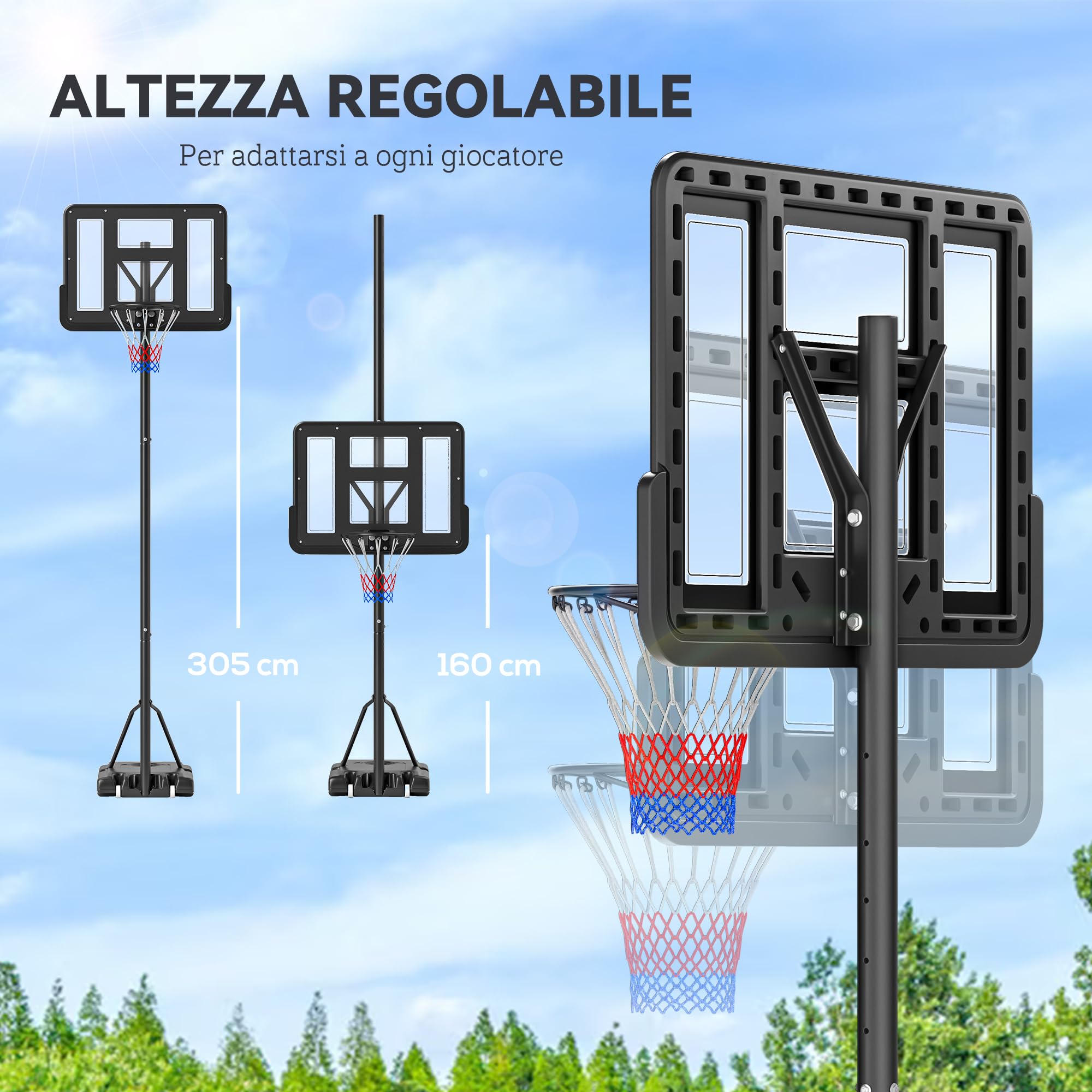HOMCOM Canestro Basket Altezza Regolabile 160-305cm, Base con Ruote e Struttura in Acciaio, Tabellone in PVC Trasparente