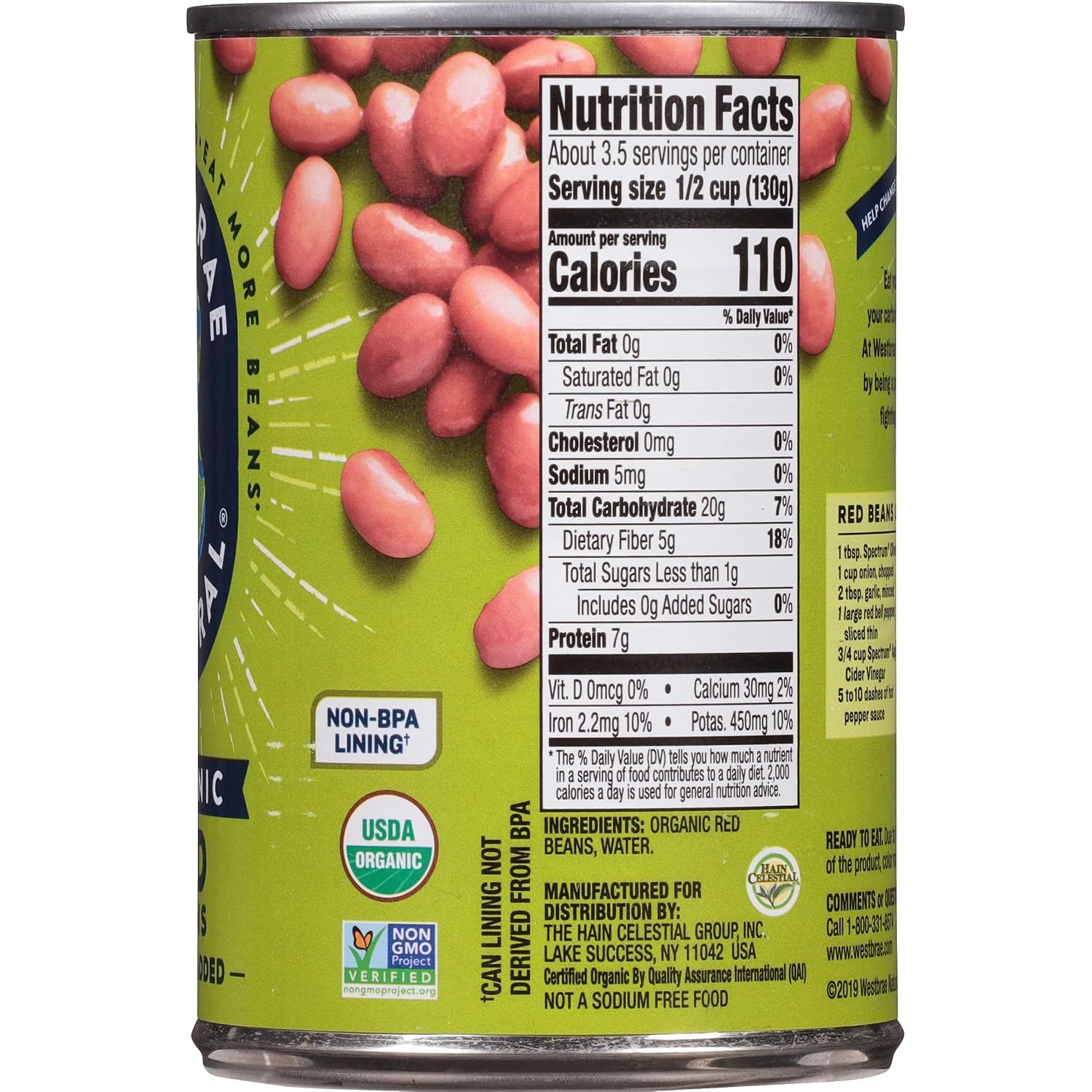 WESTBRAE 15 oz Natural Organic Red Beans, No Salt Added, Source of Plant Based Protein and Fiber, Low Fat, Gluten Free, (Pack of 12)