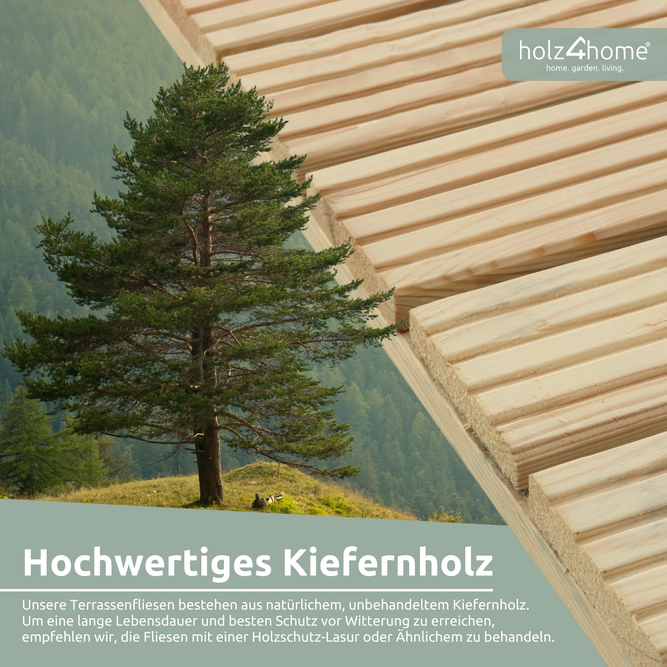 holz4home® Holzfliese Kiefernholz 95x95 cm I Terrassenfliese aus Holz I Terrassendiele Aussen I Rutschfest Geriffelt I Bodenfliese Terrasse Balkon Garten