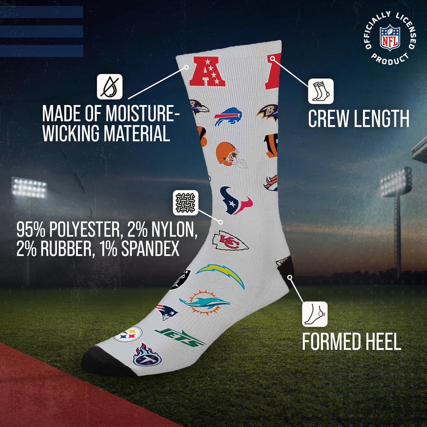 For Bare Feet Adult NFL Ultimate Fan All Over Logo Crew Socks, Unisex Footwear, Football Apparel, Montage Design