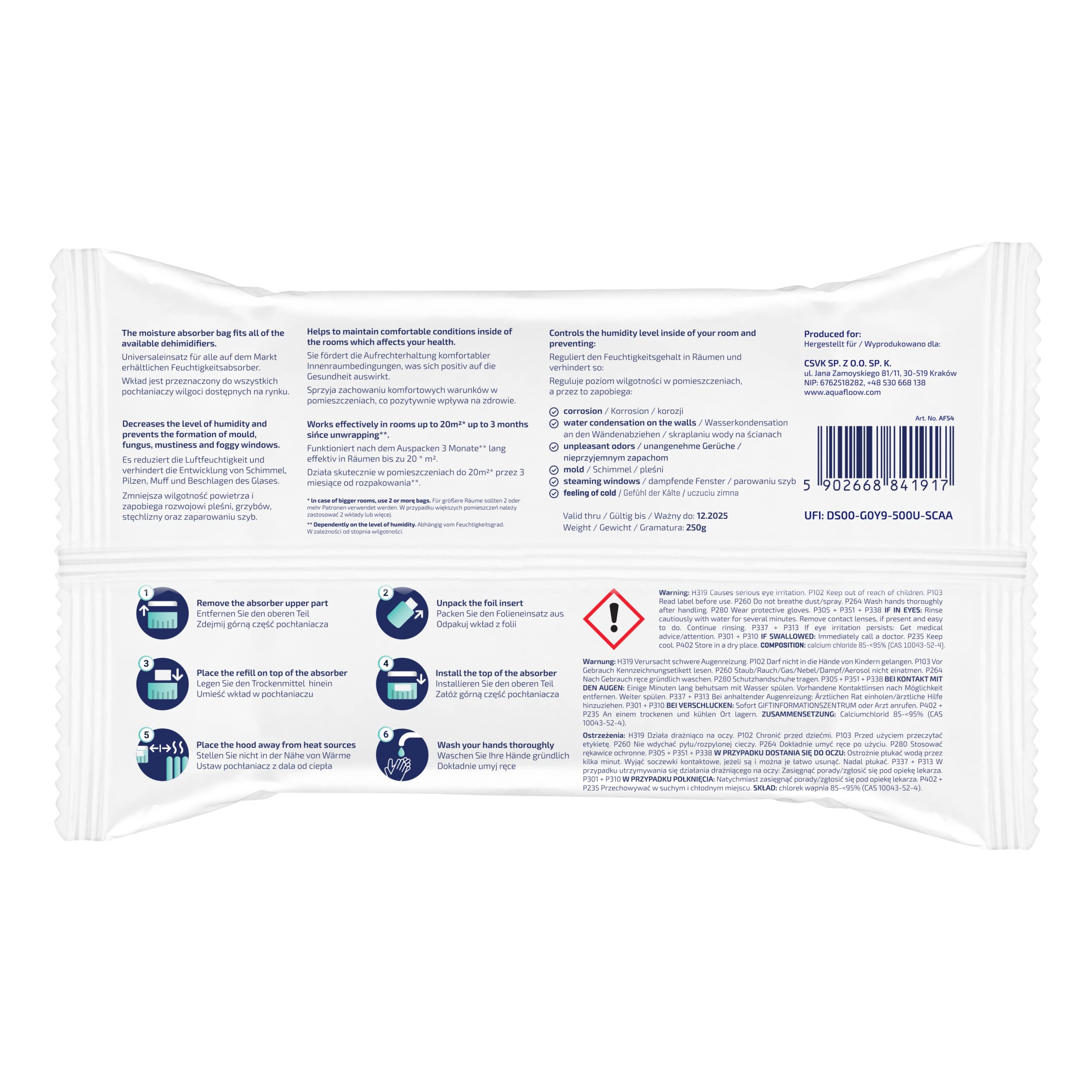 Aquafloow 20x Sachets de Granulés pour Déshumidificateur 250 g, Contrôle des Moisissures pour Pièces de 40 m² | Recharges Ultra-Absorbantes