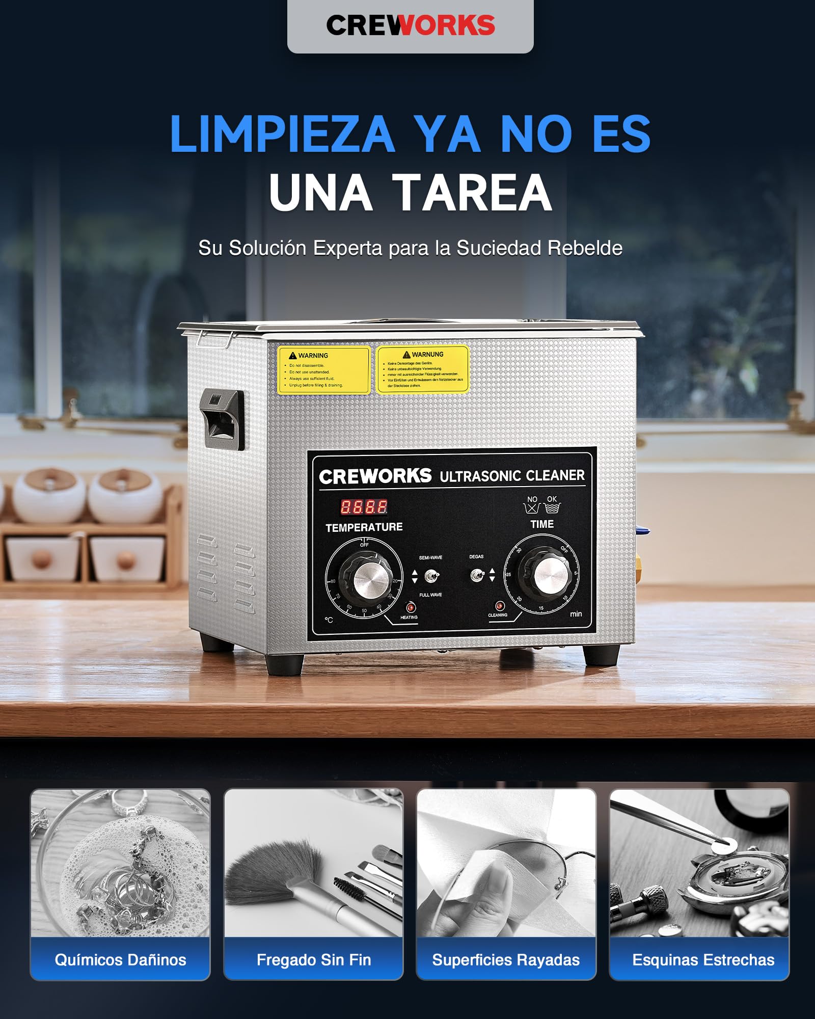 CREWORKS 10L Ultraschallreinigungsgerät mit Degas & Halbwellenfunktion, 40kHz Edelstahl Ultraschallreiniger mit Heizung & Timer für Vergaser Labor Schmuck Brillen Werkstattteile, SUS304