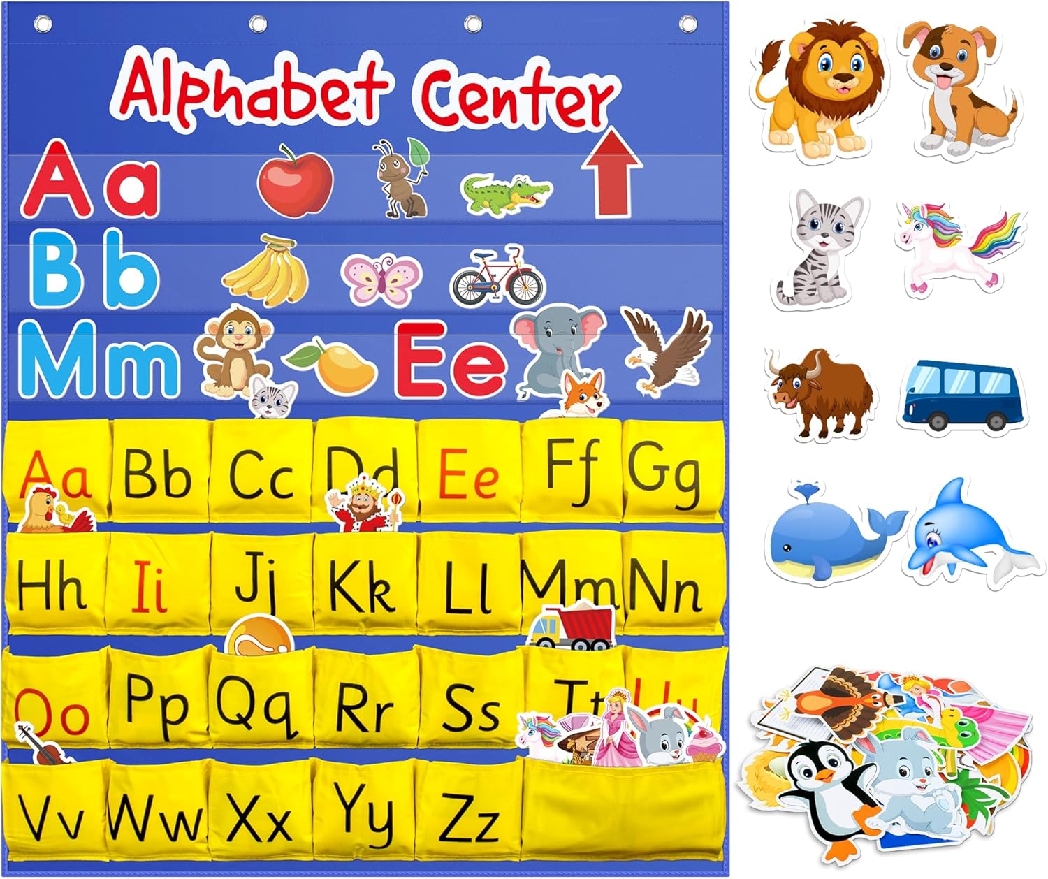 ZKOO Alphabet Learning Pocket Chart, Alphabet Wall Chart 104 Animal Flash Cards and 26 Lowercase and Uppercase Letter Cards, Student Daily Learning The Letter, Great for Classroom Homeschool