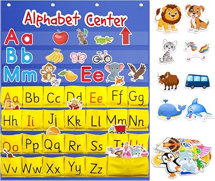 ZKOO Alphabet Learning Pocket Chart, Alphabet Wall Chart 104 Animal Flash Cards and 26 Lowercase and Uppercase Letter Cards, Student Daily Learning The Letter, Great for Classroom Homeschool