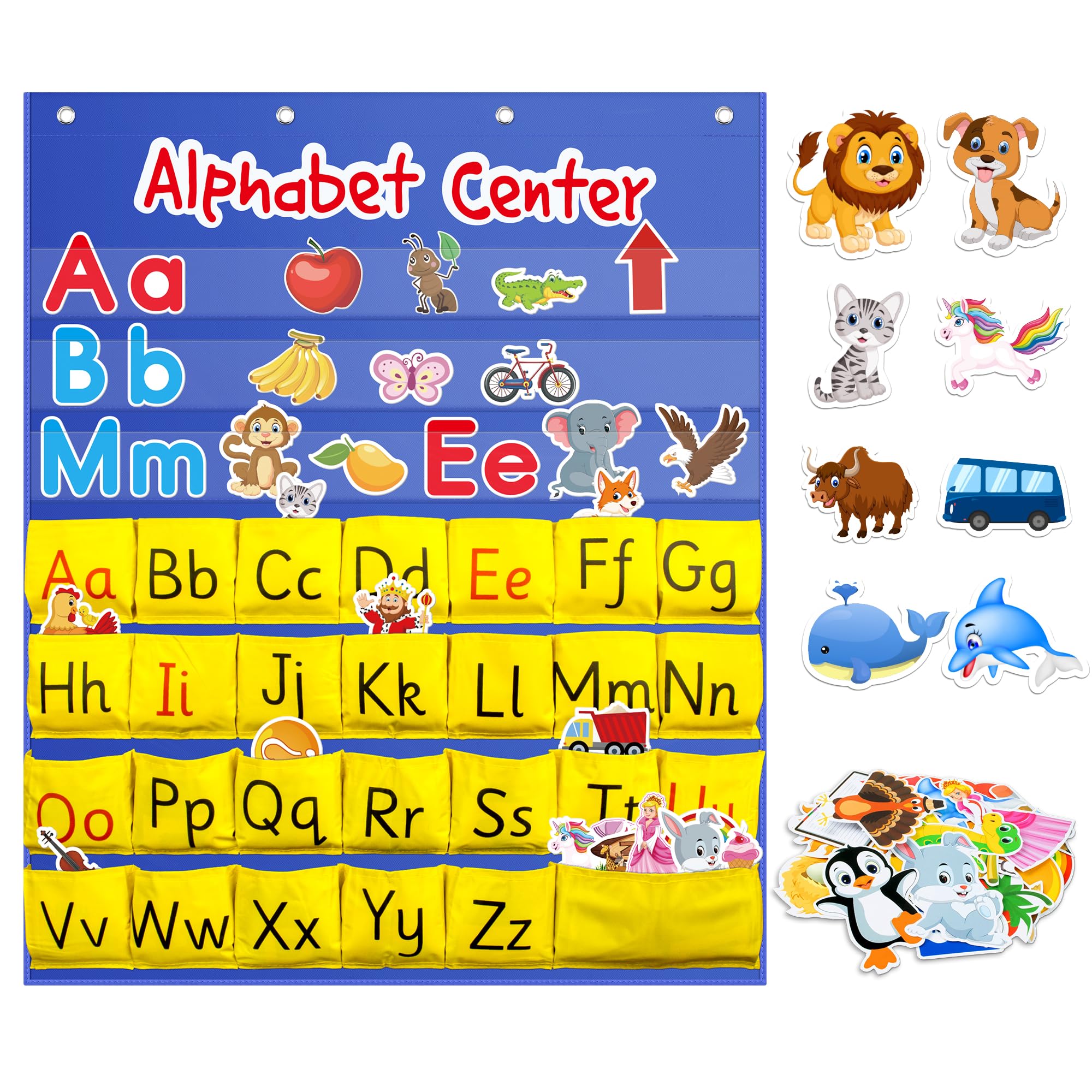 ZKOO Alphabet Learning Pocket Chart, Alphabet Wall Chart 104 Animal Flash Cards and 26 Lowercase and Uppercase Letter Cards, Student Daily Learning The Letter, Great for Classroom Homeschool