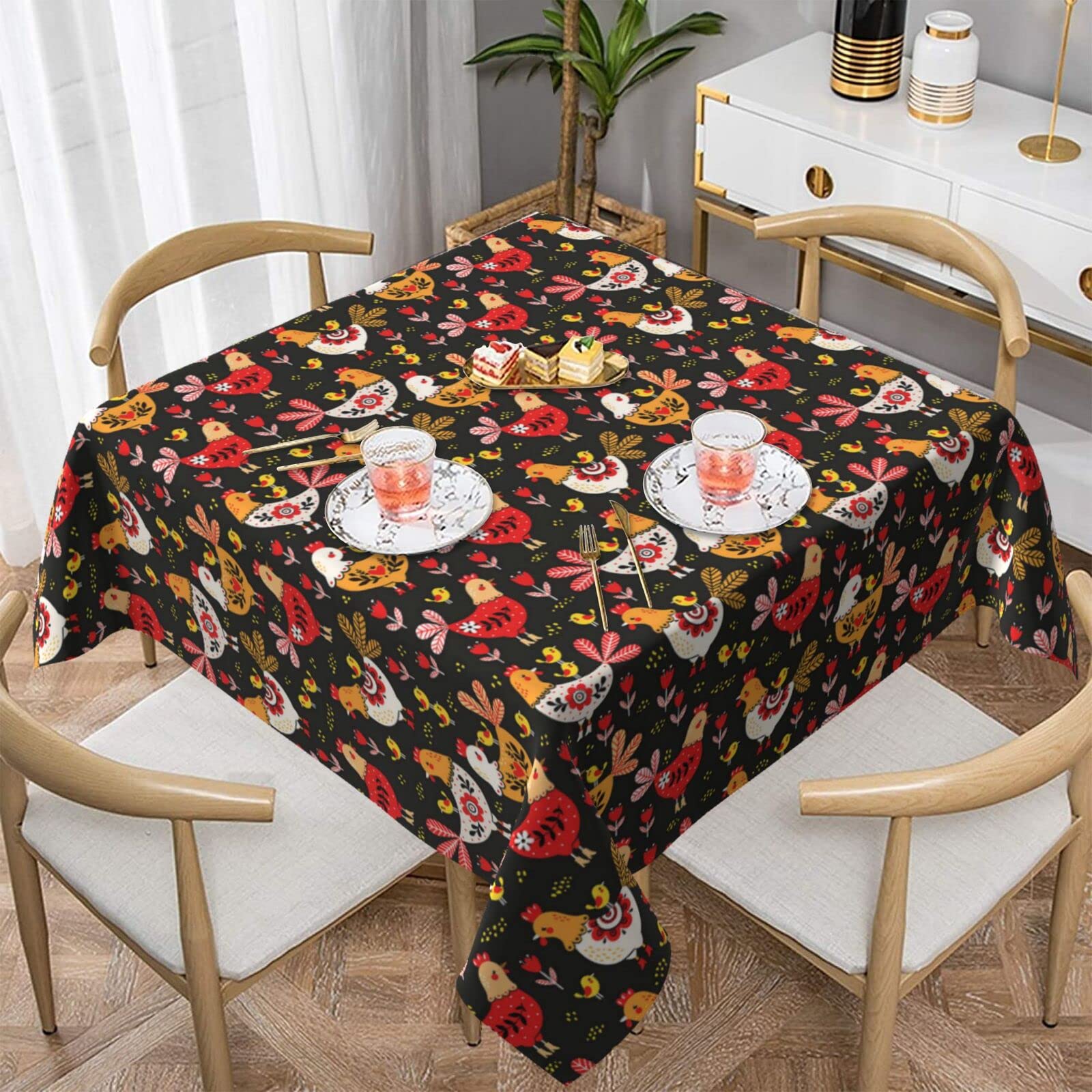 Nappe carrée coq et poules pour table de cuisine et de salle à manger en coton mélangé