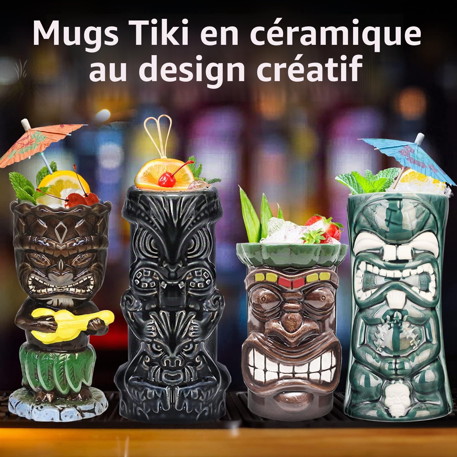 Lot de 4 grands verres Tiki en céramique pour cocktails tropicaux hawaïens et exotiques mignons
