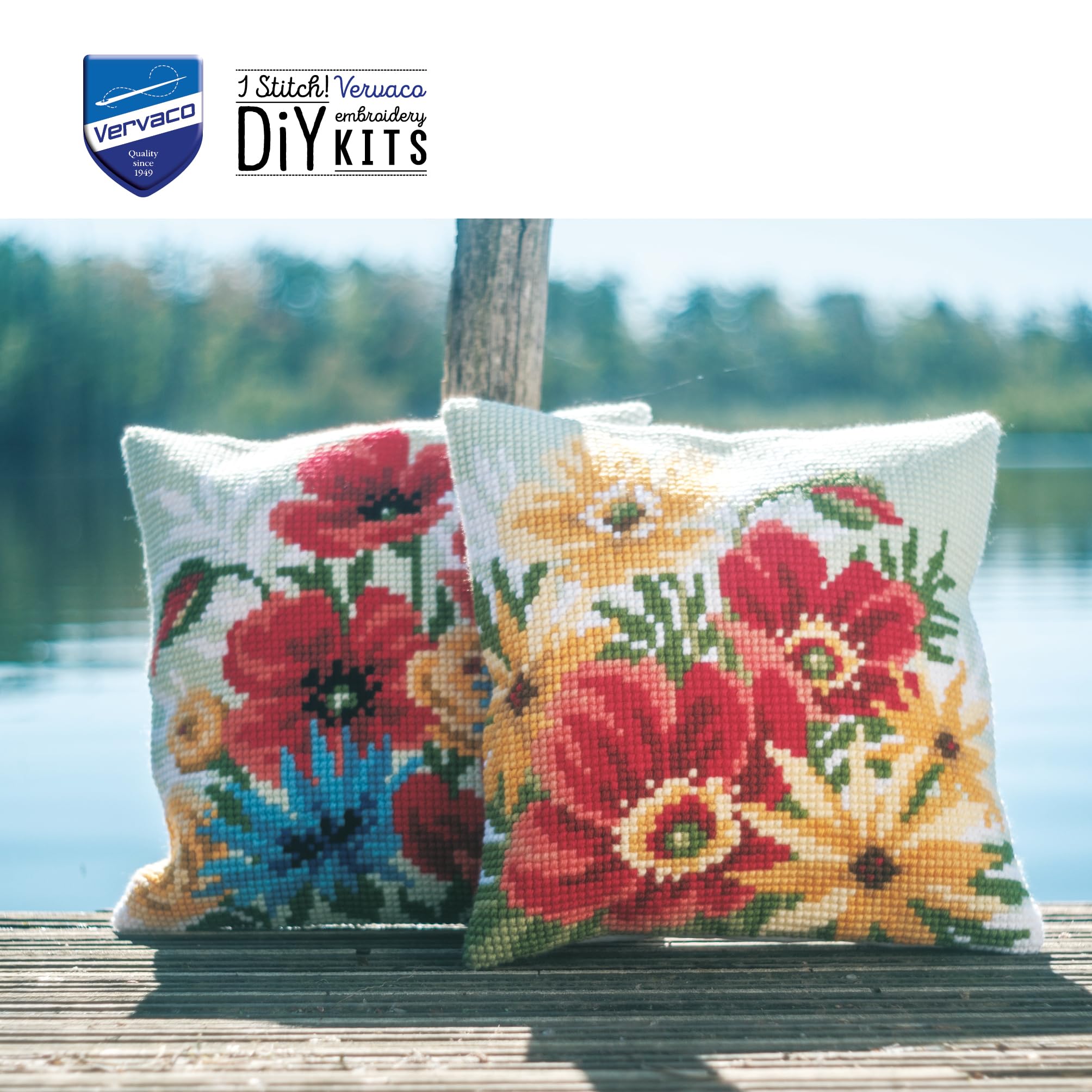 VERVACO Zestaw do Haftu Krzyżykowego Poduszka BUKIET MAKÓW Kanwa z Nadrukiem 40 x 40 cm Gruba Włóczka Akrylowa Zrób to Sam Dekoracja Domu DIY Cross Stitch Kit