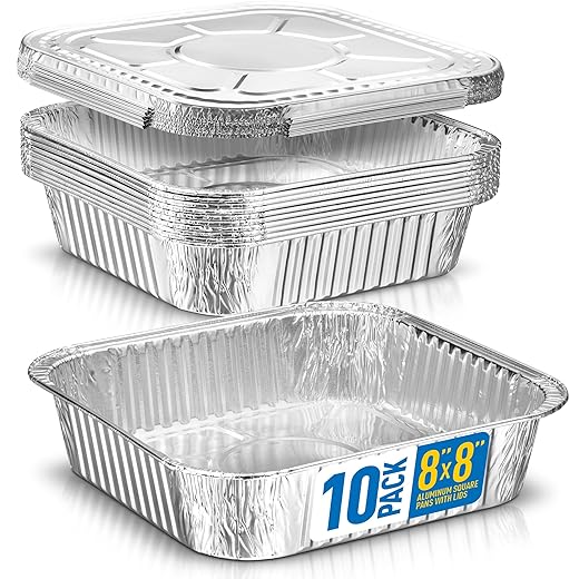 Diplastible Aluminum Pans with Lids | Disposable 8x8 Foil Pans, Cake Pan, Brownie, Lasagna, Chafing Dish - Heavy Duty, Oven Safe Meal Prep Containers for Cooking, Serving Food, Catering - Pack of 10