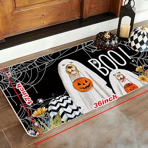 Miniatura 3 de Baccessor Tapete de Halloween Boo para perros para interiores y exteriores, diseño de tela de araña, calabaza, puerta delantera, tapete de