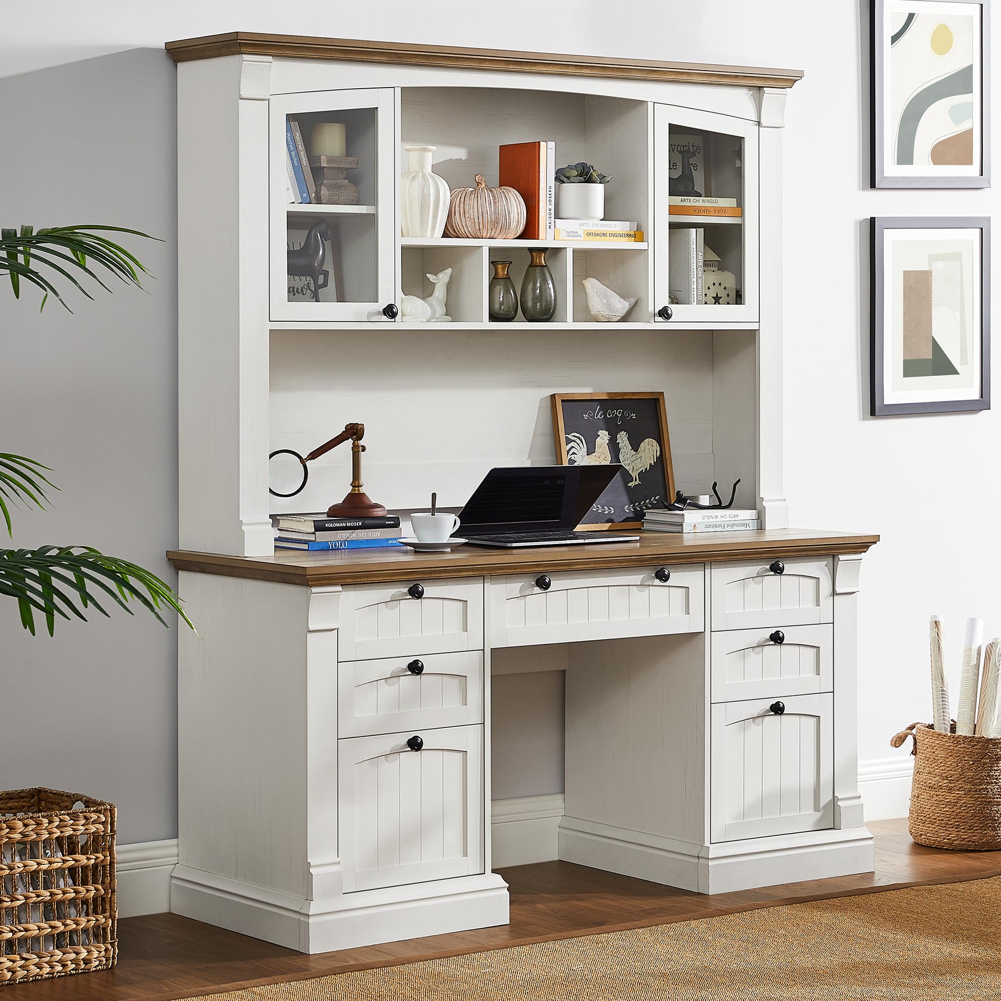 OKD 60" Executive Desk with Hutch and Drawers, Farmhouse Home Office Desk with Charging Station, Keyboard Tray, File Cabinet Storage, Wood Computer Desk for Work and Study, Antique White