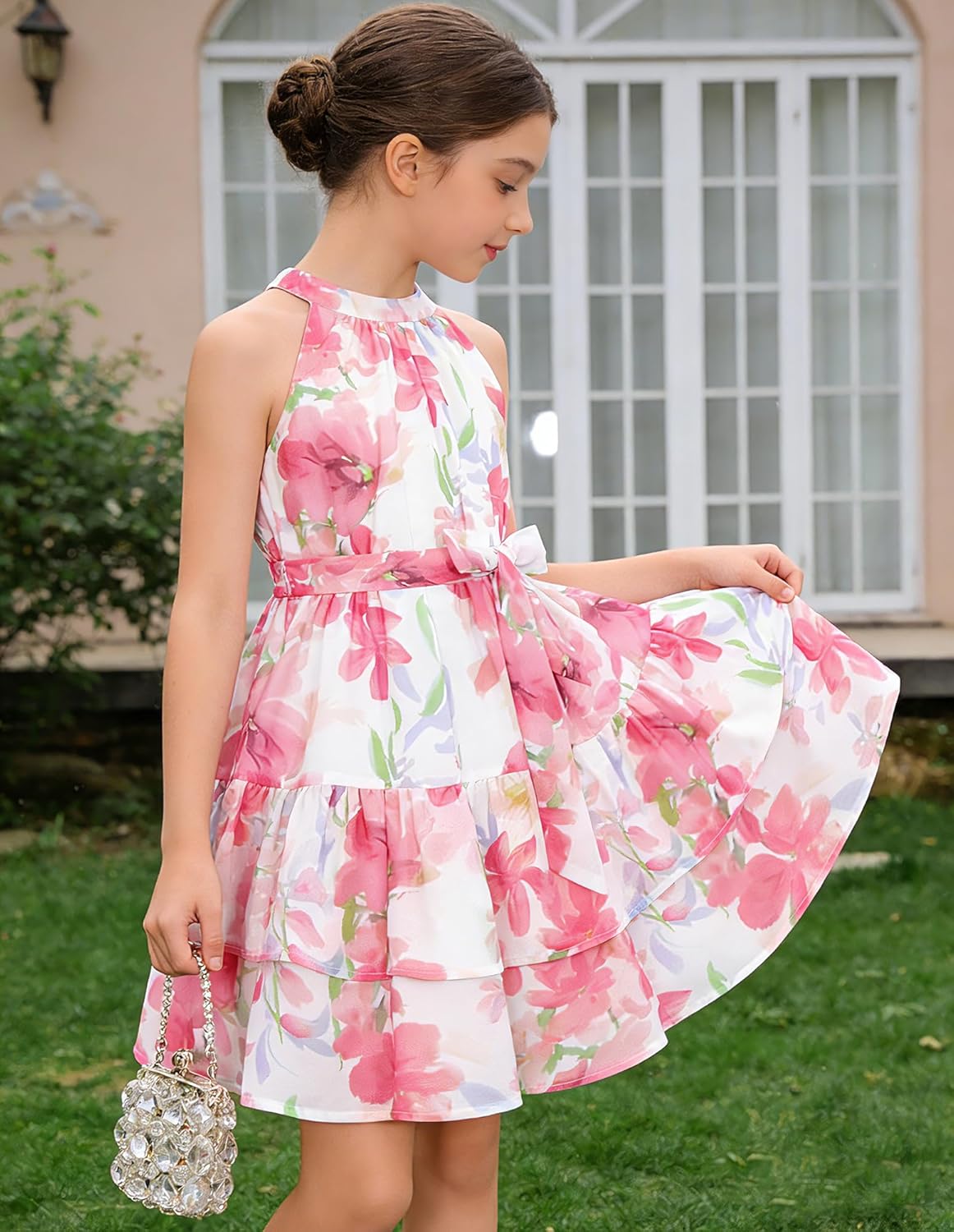 GRACE KARIN Girls Summer Beach Dress Floral Hawaiian Halter Chiffon Party Wedding Vacation Sundress 7-14Y - Image 4