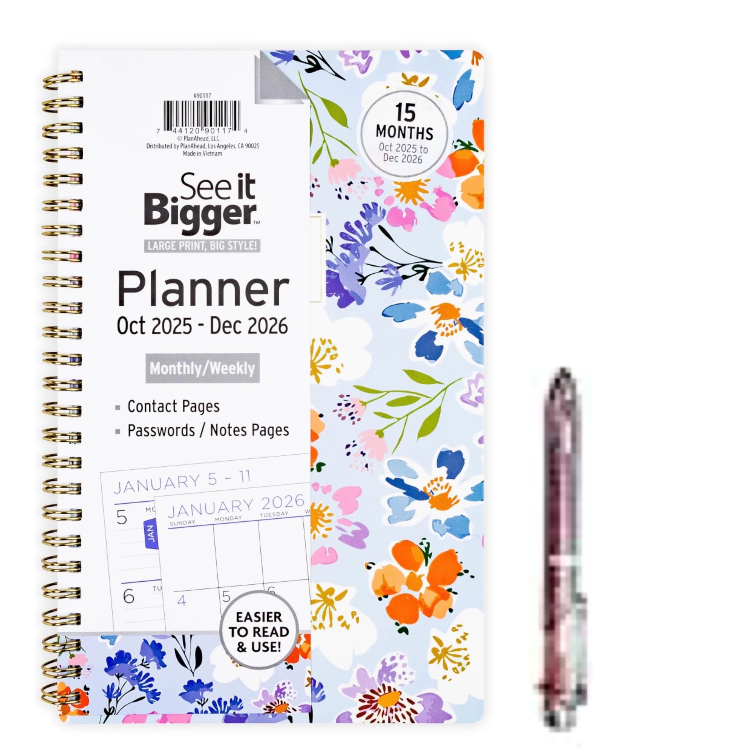 PlanAhead See it Bigger Monthly Weekly Planner Medium (5.5″X 8.75″) Blue Floral 15-month Oct 2025-Dec 2026 Soft Cover Spiral Bound, Medium Size and 6 in 1 Multicolor Ballpoint Colorful Ink Pen.
