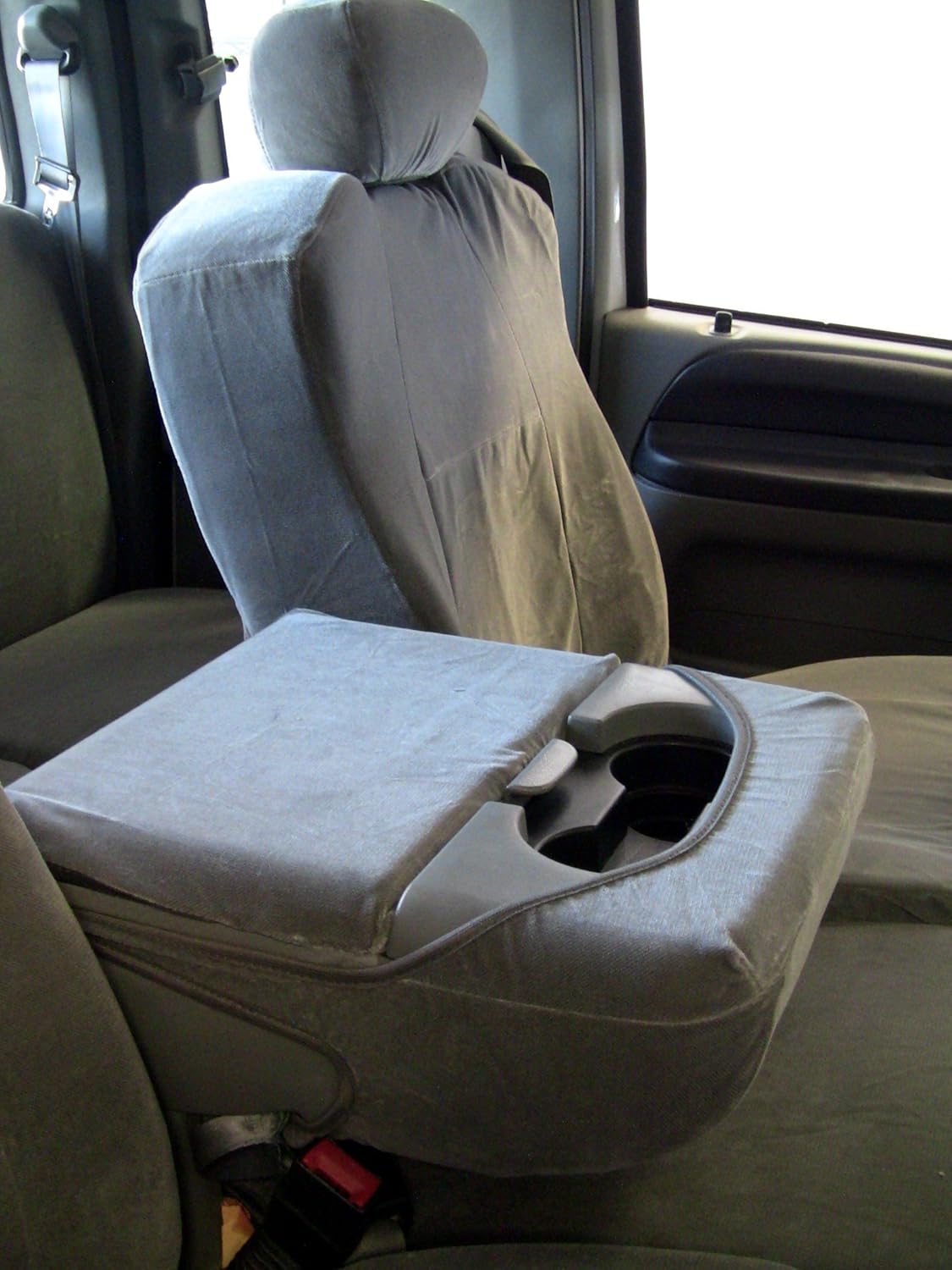 Durafit Seat Covers 2001-2007- Ford XCAB F250-F350-F450-F550 Front 40/20/40 Split Seat Custom Seat Covers, Opening Console Gray Automotive Velour. Low Back, seat Belts in top of Seats. Adjustable H/R