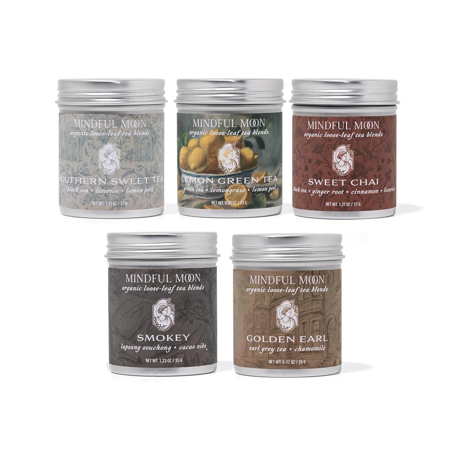 Mindful Moon Loose Leaf Tea Collection – Caffeinated & Uncaffeinated Blends, 5 Premium Mini Teas for Wellness & Relaxation (Caffeinated)
