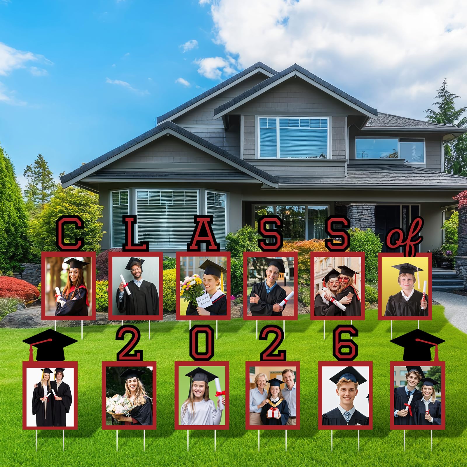 Photo 1 of 12 Pcs Graduation Photo Yard Sign Decorations 2026, K-12 Grade Graduation School Picture Frame Lawn Sign with Stakes for Kindergarten Middle High School Class of 2026 Grad Party Decorations, Red