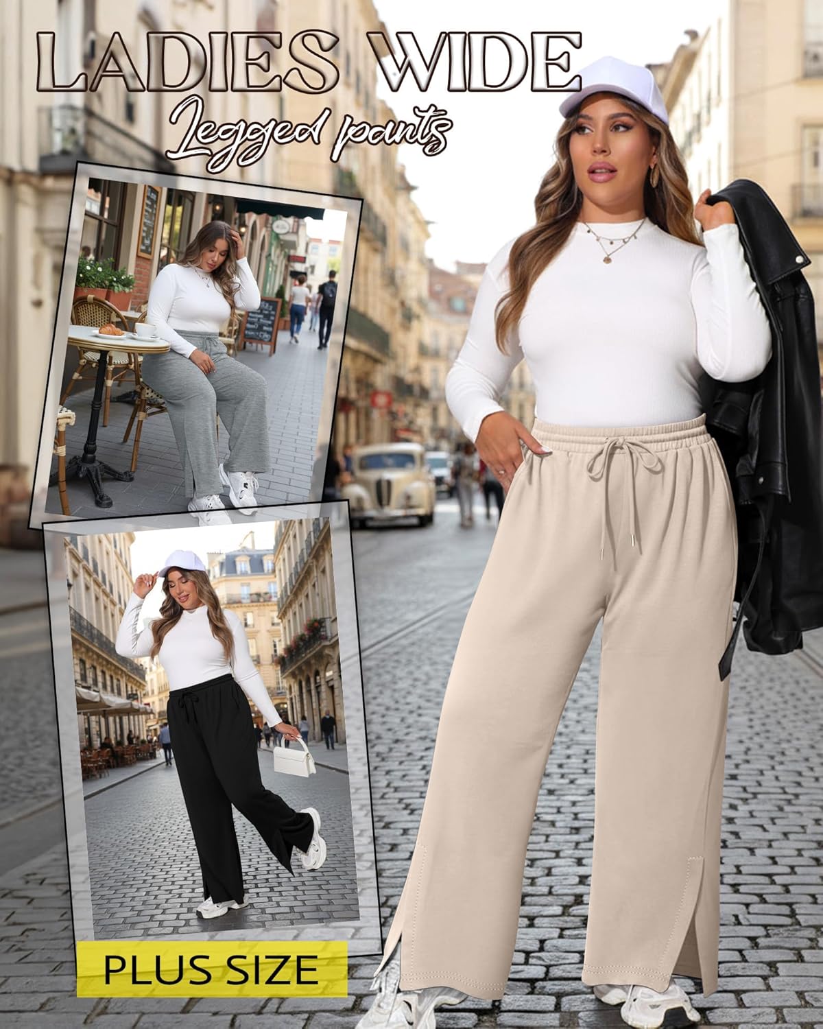 Neer 3 Pcs Womens Plus Size Sweatpants Wide Leg Drawstring Lounge Pants Side Slit Elastic Waist Workout Trousers with Pockets