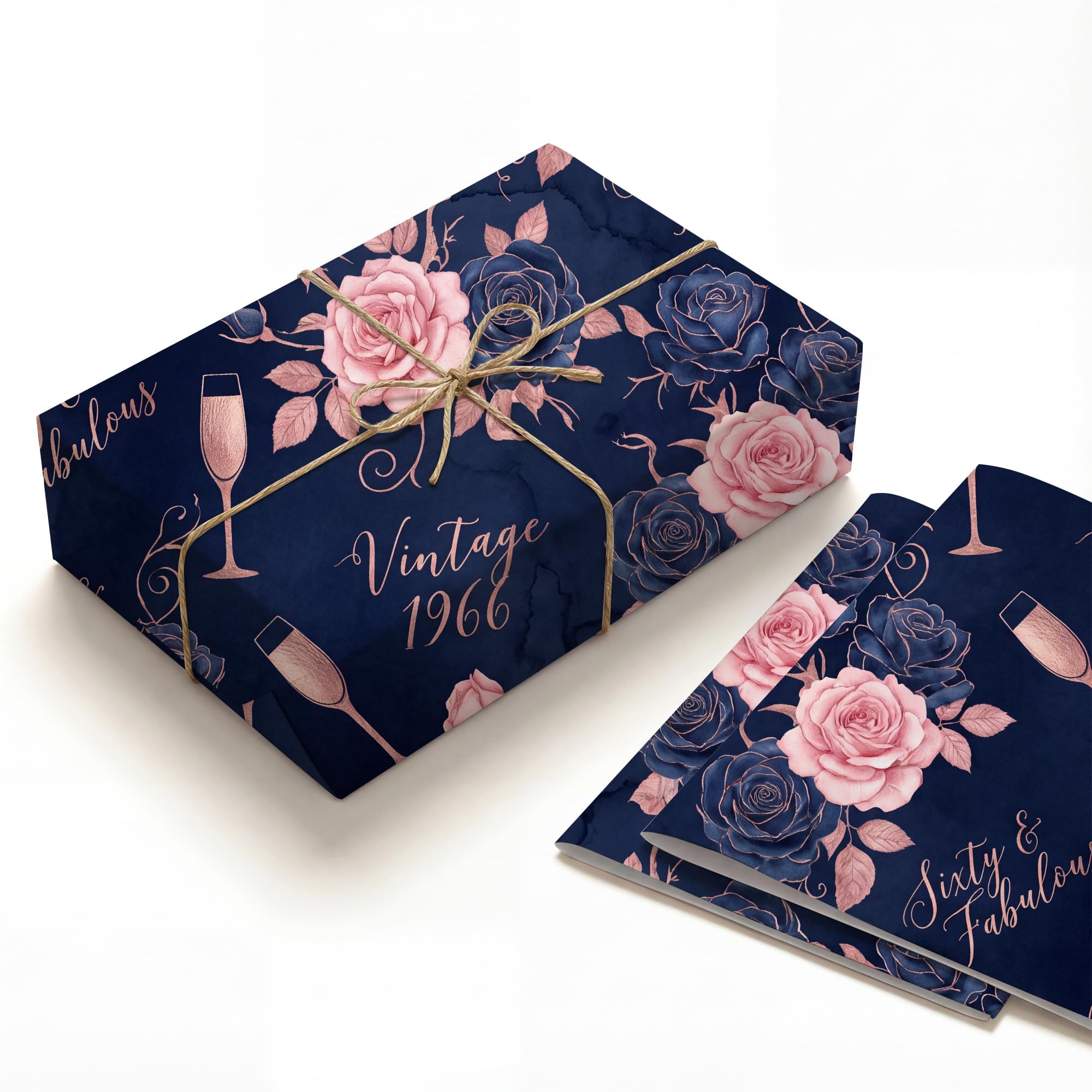 Navy Rose Gold 1966 Champagne Birthday Wrapping Paper Folded Sheets, 120GSM Thick Kraft Wrapping Paper for Women, 60th Floral Print Present Packaging for Mom Wife, 2 Pack