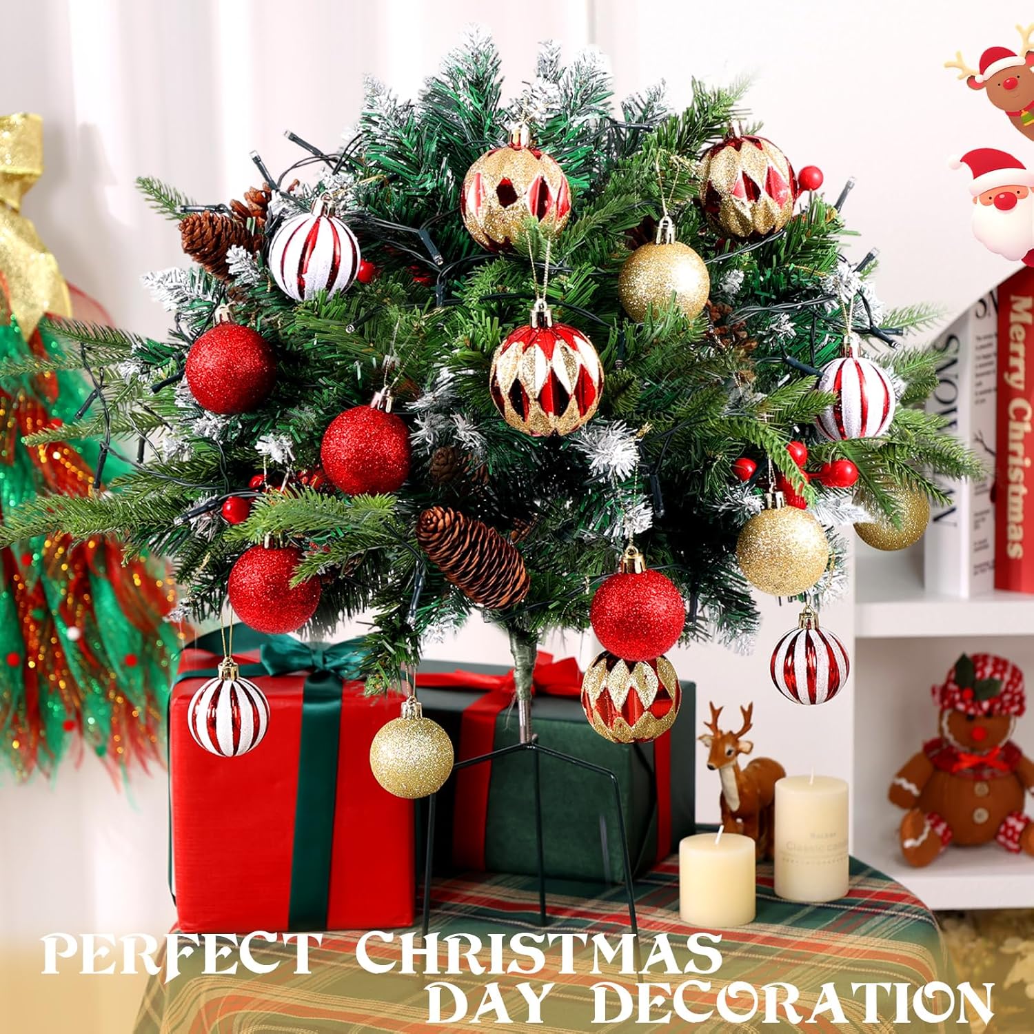 2 Pack Christmas Tree Urn Filler Battery Operated Pre-lit Xmas Pine Trees with Christmas Balls Tripod Stake LED Lights for Porch Yard Garden Outdoor Holiday Decorations