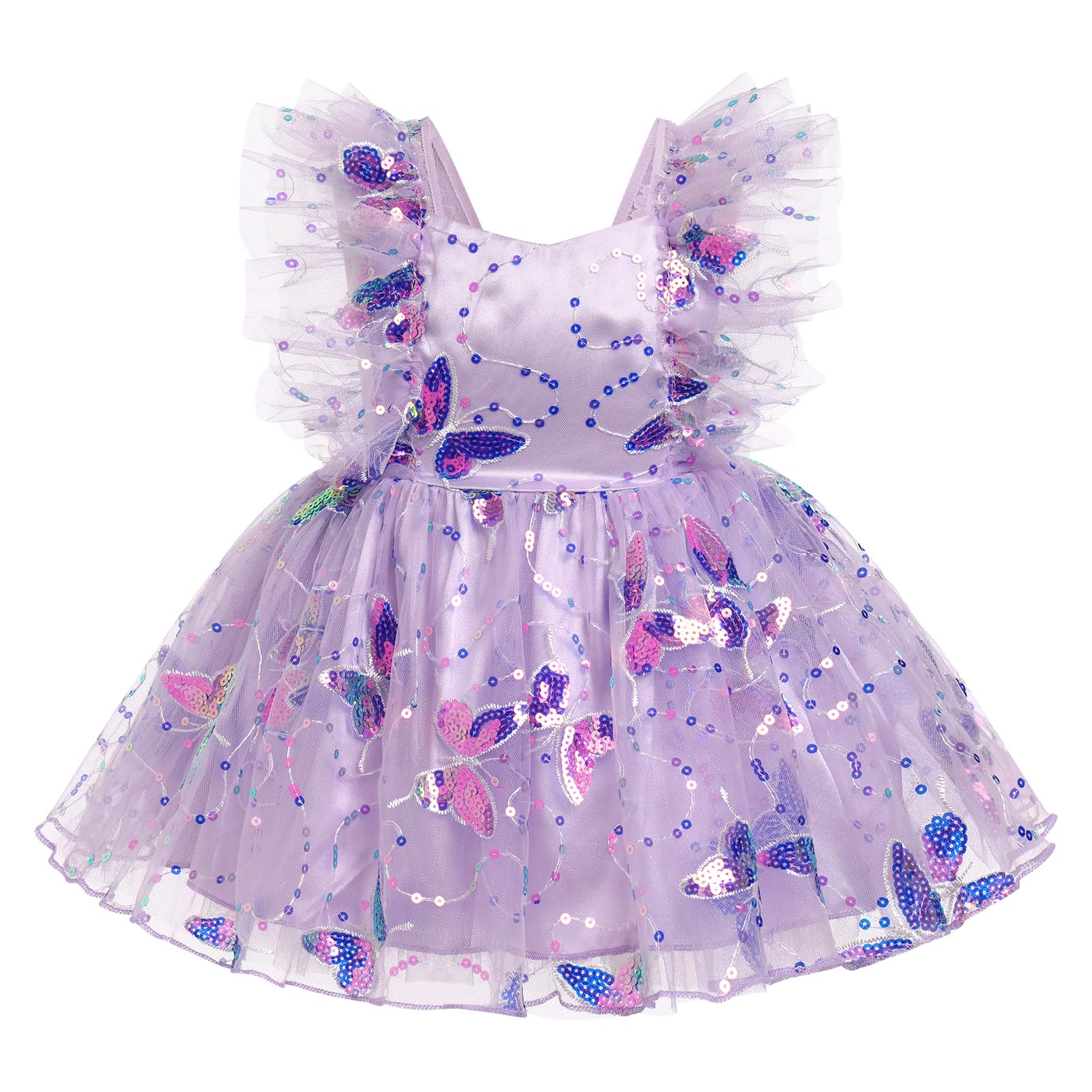 IMEKIS Toddler Butterfly Dress: First 1st 2nd 3rd Birthday Outfit Girl Shiny Sequin Tulle Dress Cake Smash Photoshoot Kids Princess Formal Spring Party Baby Pageant Dress Lilac Butterfly 12-18 Months
