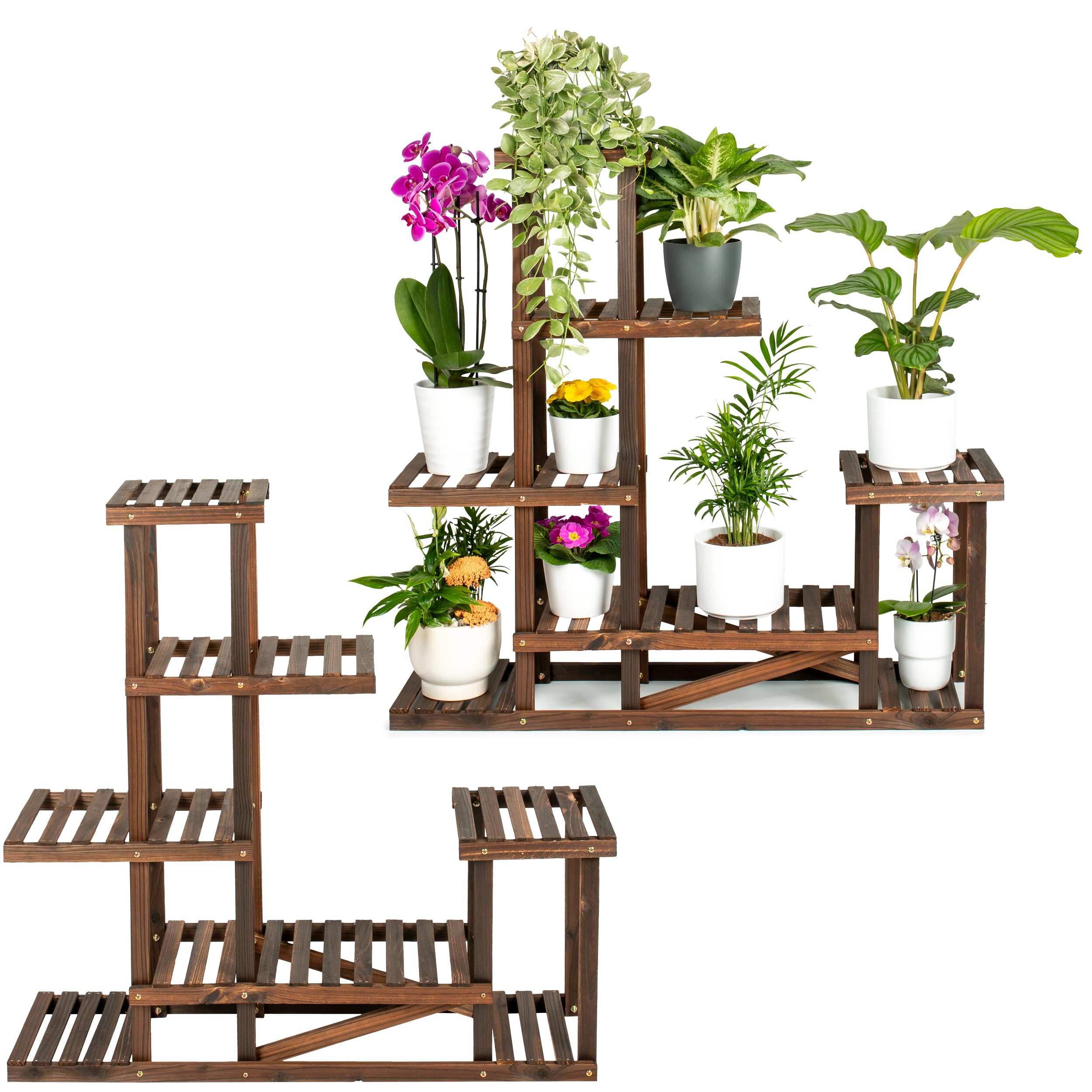 Pflanzenregal SKYLINE 2er Set - 96 x 97 x 25 cm Natur Holz braun | - Pflanzentreppe Blumenbank 96cm hoch 7 Plattformen auf 5 Ebenen Blumenregal Regal Blumentreppe innen & außen Balkon Terrasse