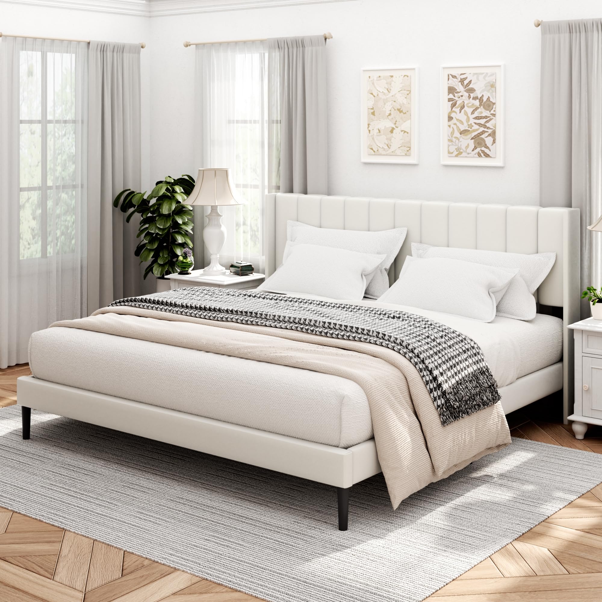 King Size Bed Frame and Headboard Vertical Channel Tufted Wingback No Box Spring Needed Mattress Foundation Easy Assembly