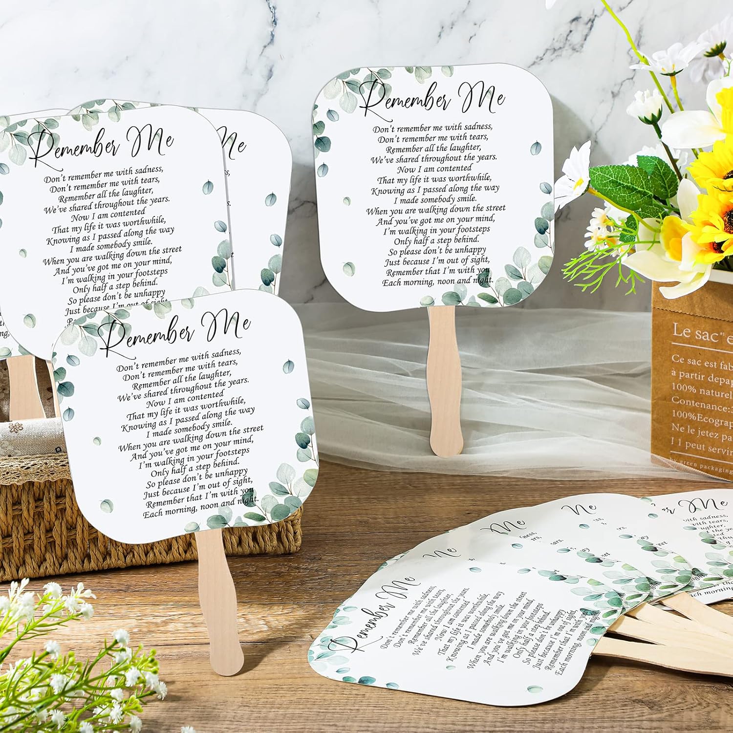 Teling 50 Pcs Funeral Favors for Guests Memorial Paper Fans Handheld Remember Me Hand Held Parlor Paper Fans with Wooden Handle Hand for Celebration of Life Decorations Sympathy Gift(Greenery)
