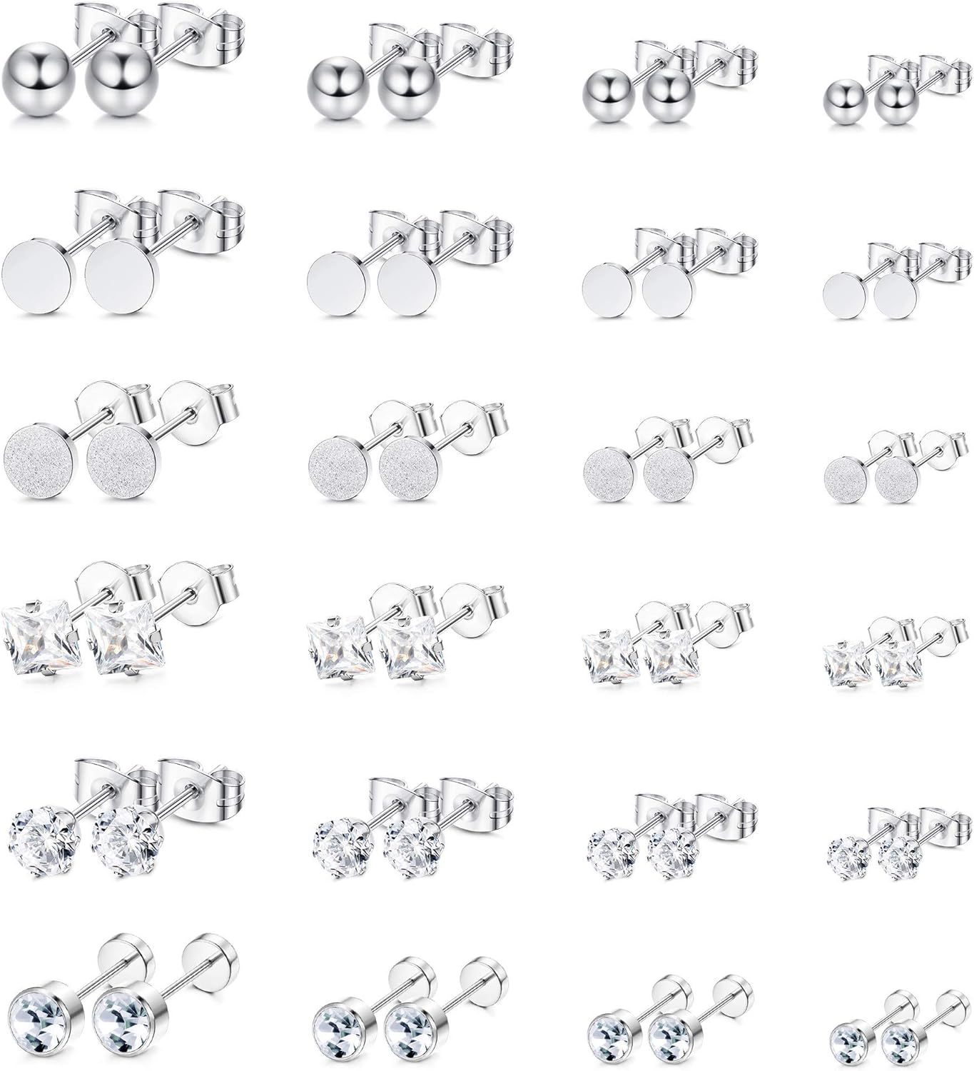 Dochais 24 Pares Juego De Pendientes, Hipoalergénico Pendientes Juego De Plata, Ronda Zirconia Pendientes, Para Múltiples Perforaciones, Pequeños Pendientes para Señora Hombre Niña