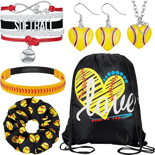 6 piezas de regalos de sóftbol para niñas, bolsas de softbol con cordón, collar de sóftbol, pulsera de softbol, diadema de softbol, aretes de