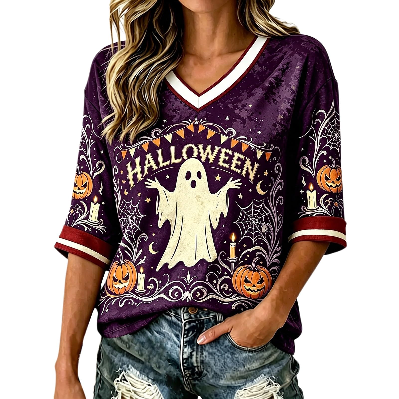 Salem Broom Co Halloween Shirts Women 3/4 Sleeve Vintage Witch Tops Funny Halloween Costumes Casual V Neck Witch Tee Shirts Novelty Fashion Festival Party Clothes (Z01-Purple, XXXL)