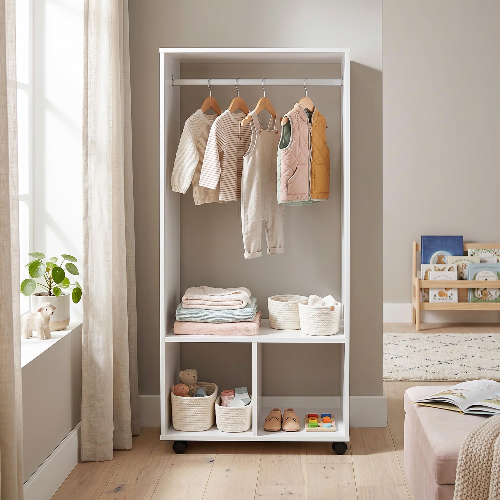 HOMCOM Armario Ropero con Ruedas Armario para Ropa con Barra Estantes Abiertos Organizador para Colgar Ropa de Dormitorio 60x40x128 cm Blanco