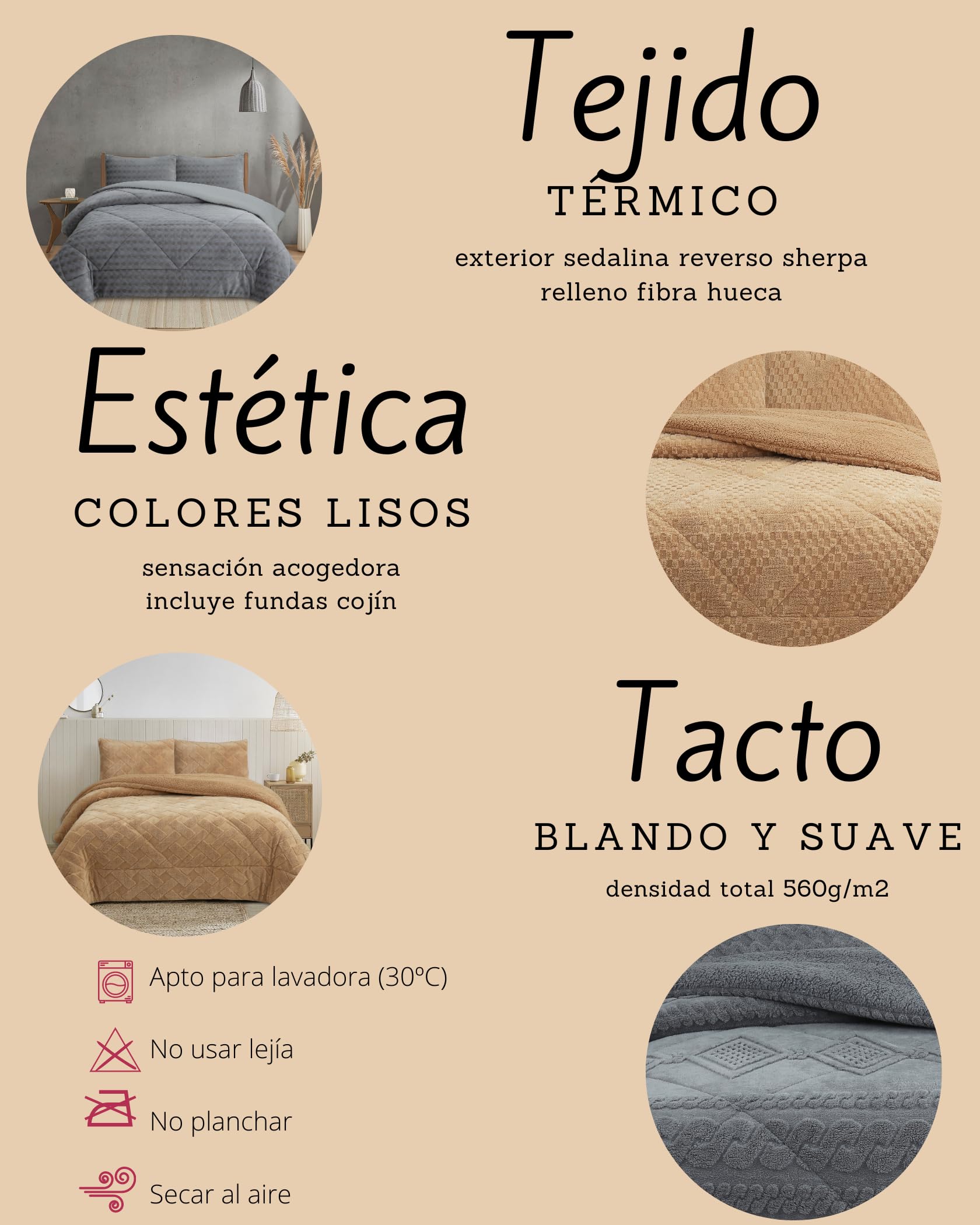 NH NOVOTEXTIL HOGAR Edredón Invierno Sherpa Cama 135 (230x260) Extra Grueso 560gr/m2 Efecto Borreguito - Edredón Suave, Cálido y Transpirable con 2 Fundas Almohada (50x70) (Poltava Beige)