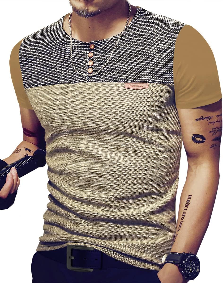 LOGEEYAR Mens Slim Fitted Casual Short Sleeve Button T-Shirts Contrast Color Stitching Tees Tops